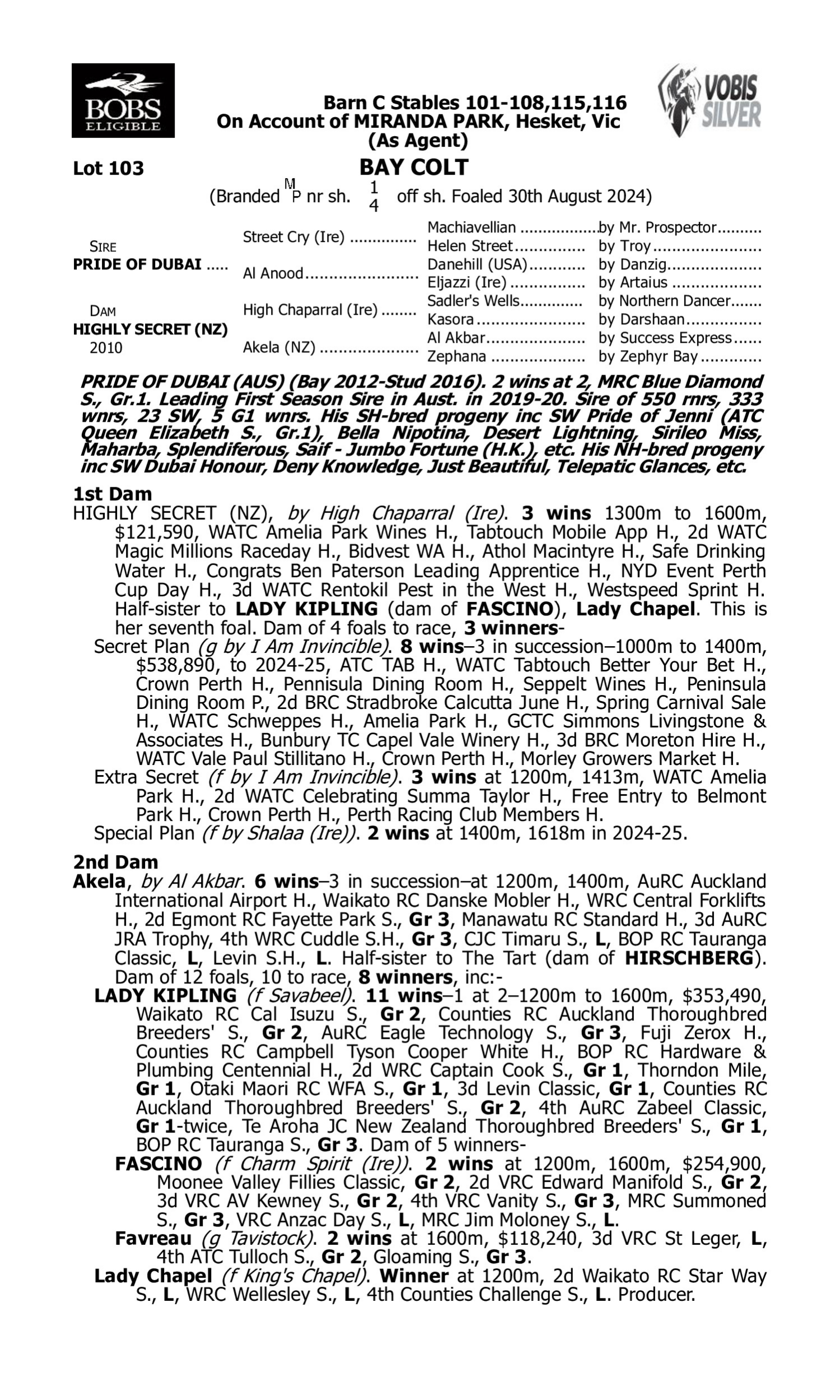 Pedigree for Lot 103 Pride of Dubai - Highly Secret (NZ)