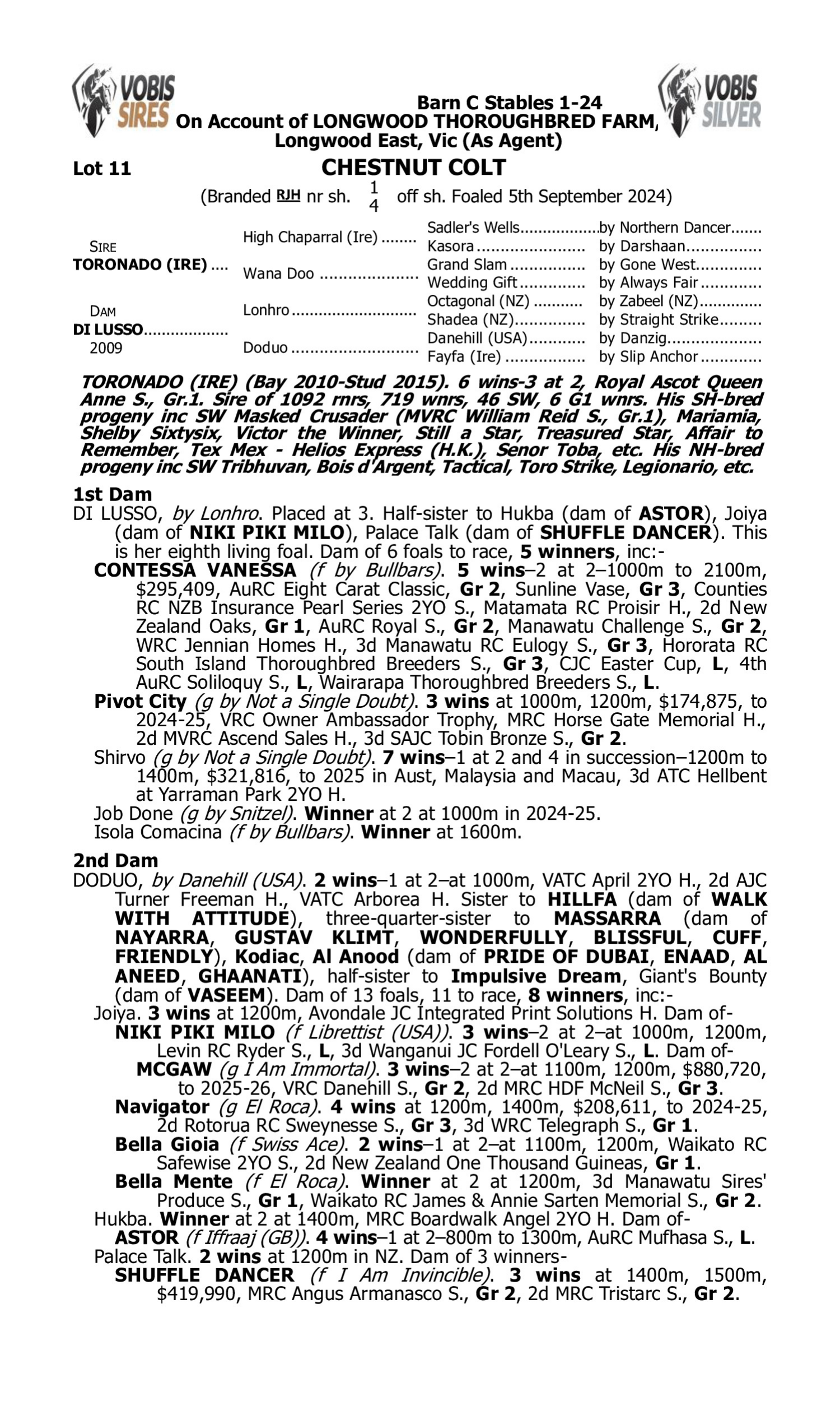 Pedigree for Lot 11 Toronado (IRE) - Di Lusso