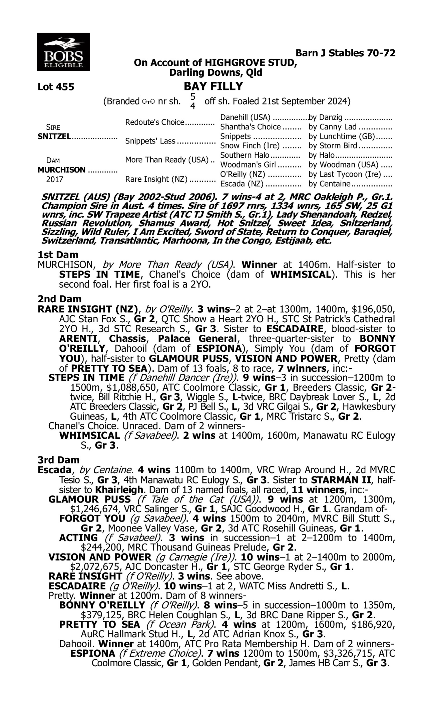 Pedigree for Lot 455 Snitzel - Murchison
