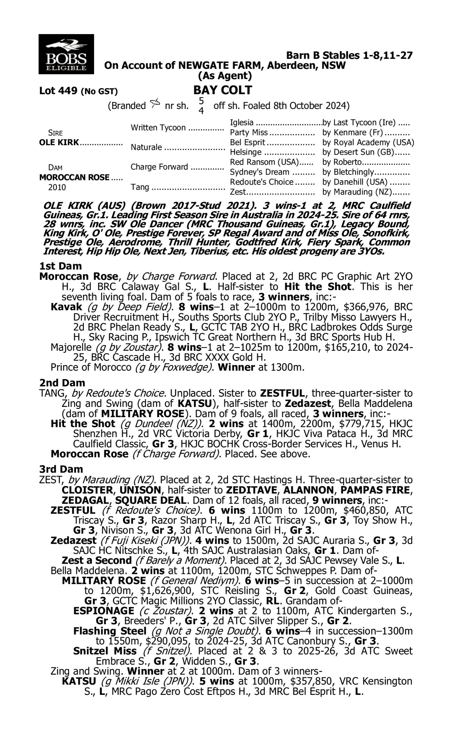 Pedigree for Lot 449 Ole Kirk - Moroccan Rose