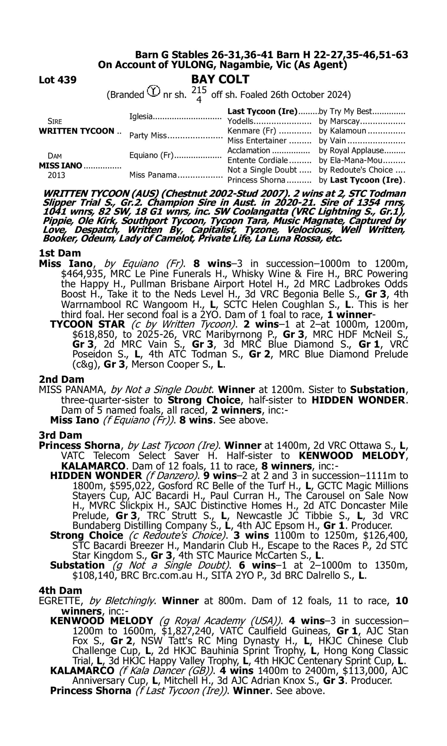 Pedigree for Lot 439 Written Tycoon - Miss Iano