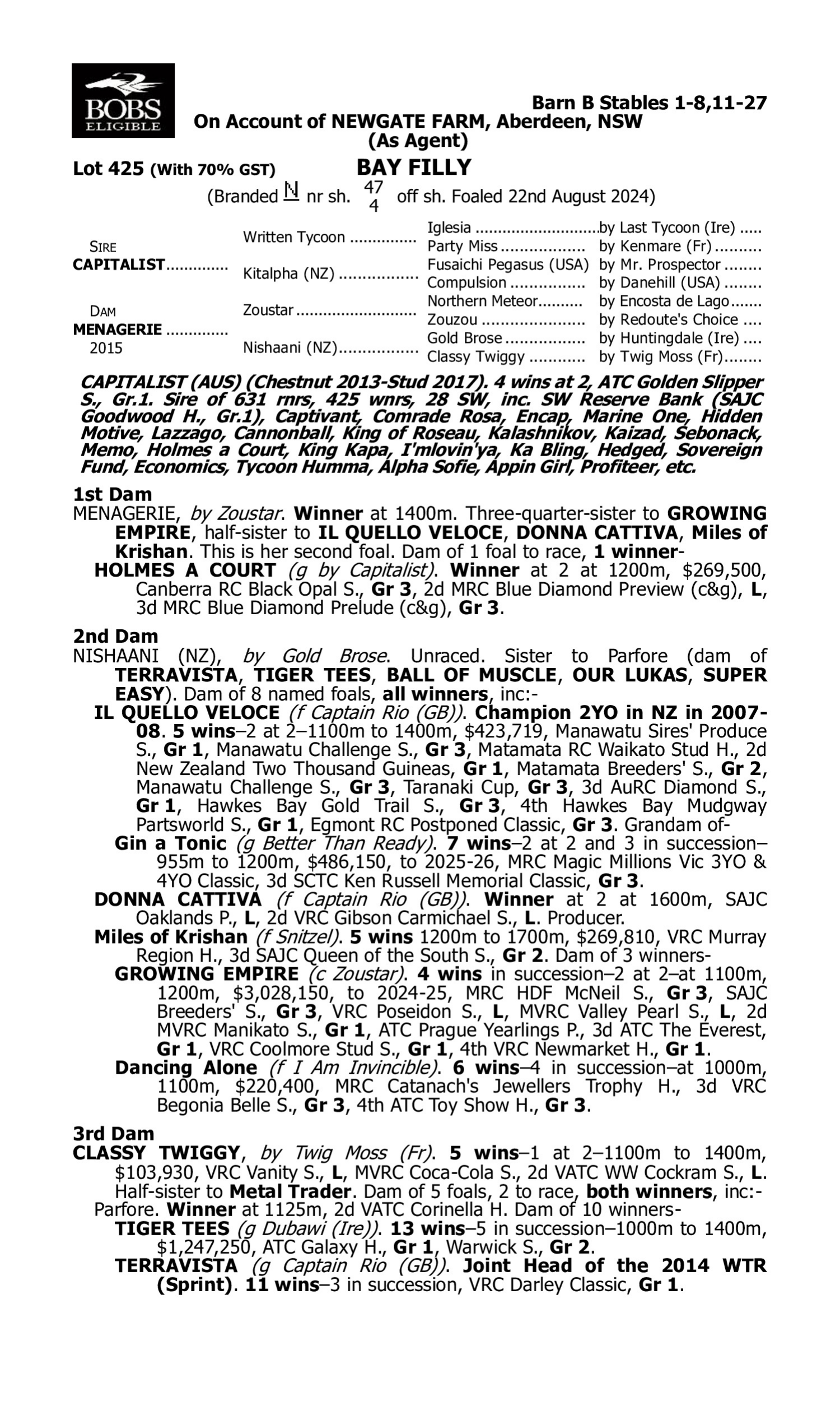Pedigree for Lot 425 Capitalist - Menagerie