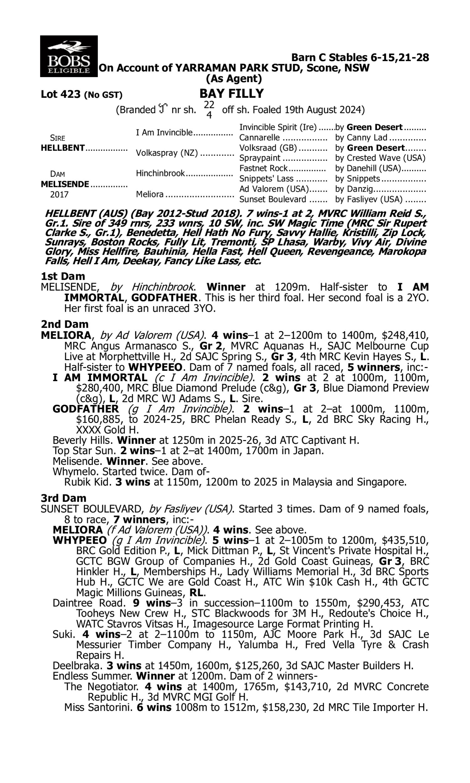 Pedigree for Lot 423 Hellbent - Melisende