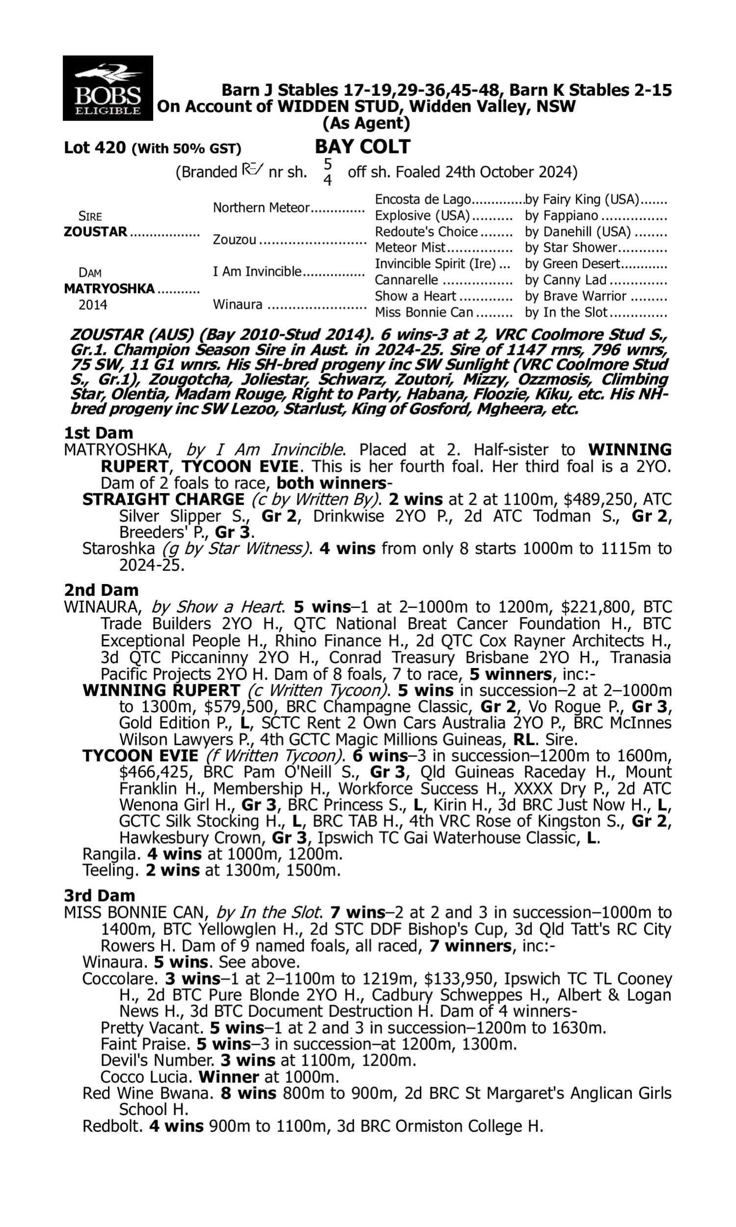 Pedigree for Lot 420 Zoustar - Matryoshka