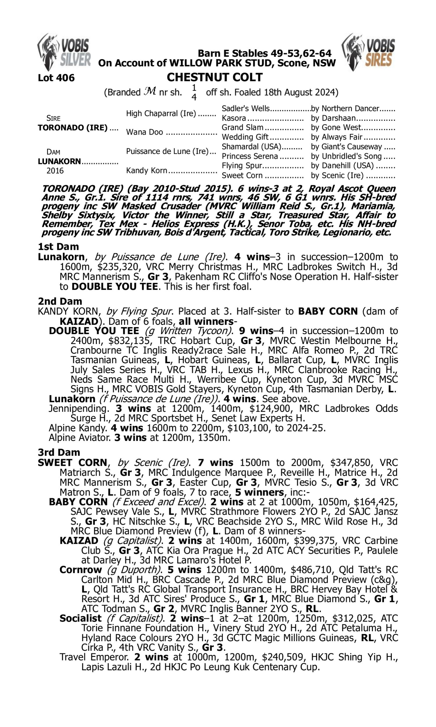 Pedigree for Lot 406 Toronado (IRE) - Lunakorn