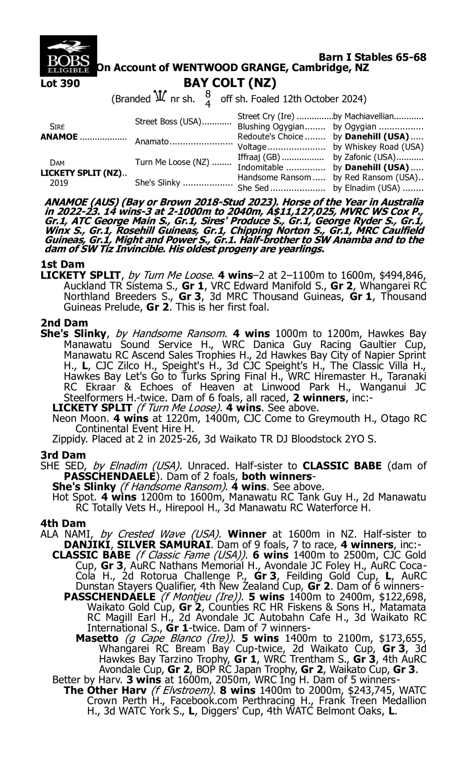 Pedigree for Lot 390 Anamoe - Lickety Split (NZ)