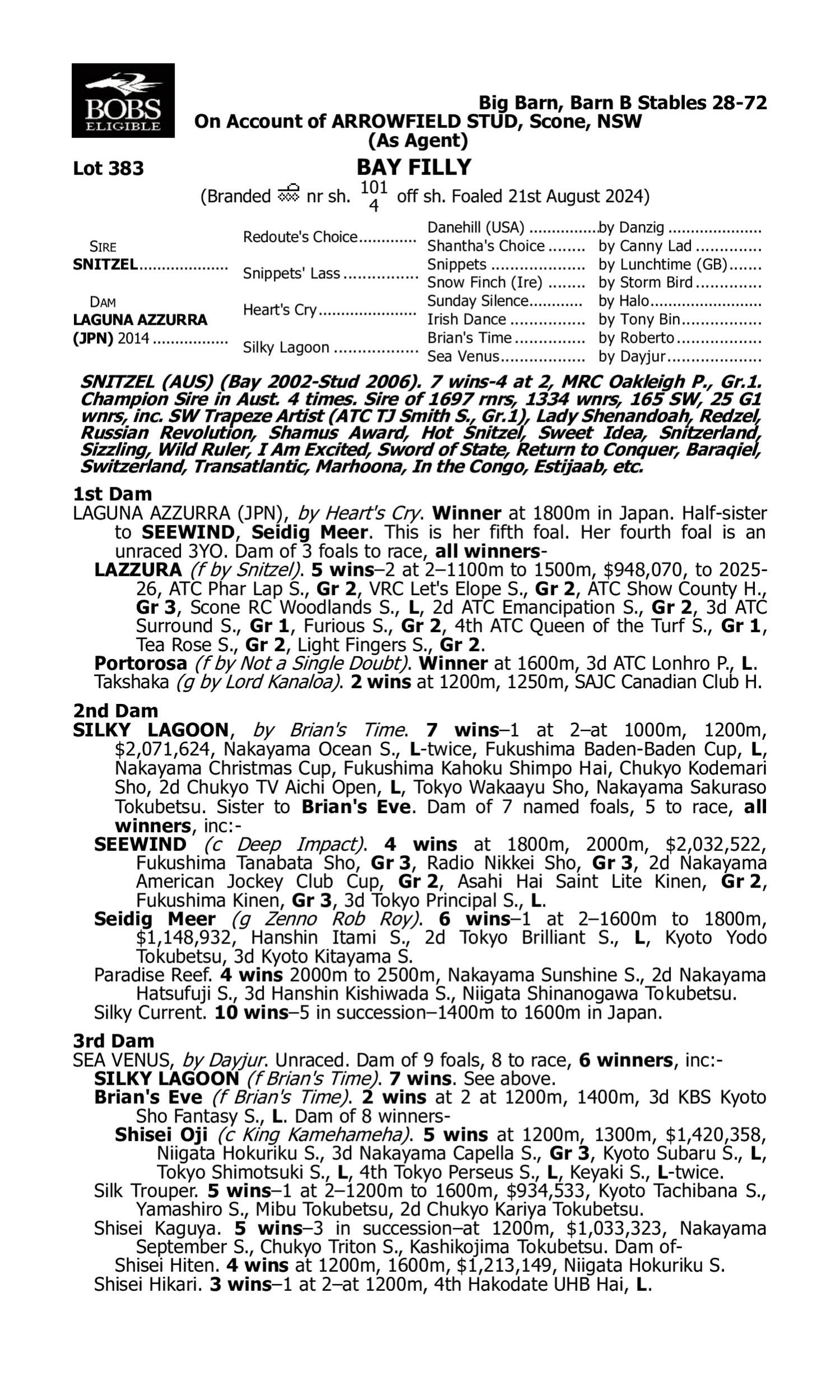 Pedigree for Lot 383 Snitzel - Laguna Azzurra (JPN)