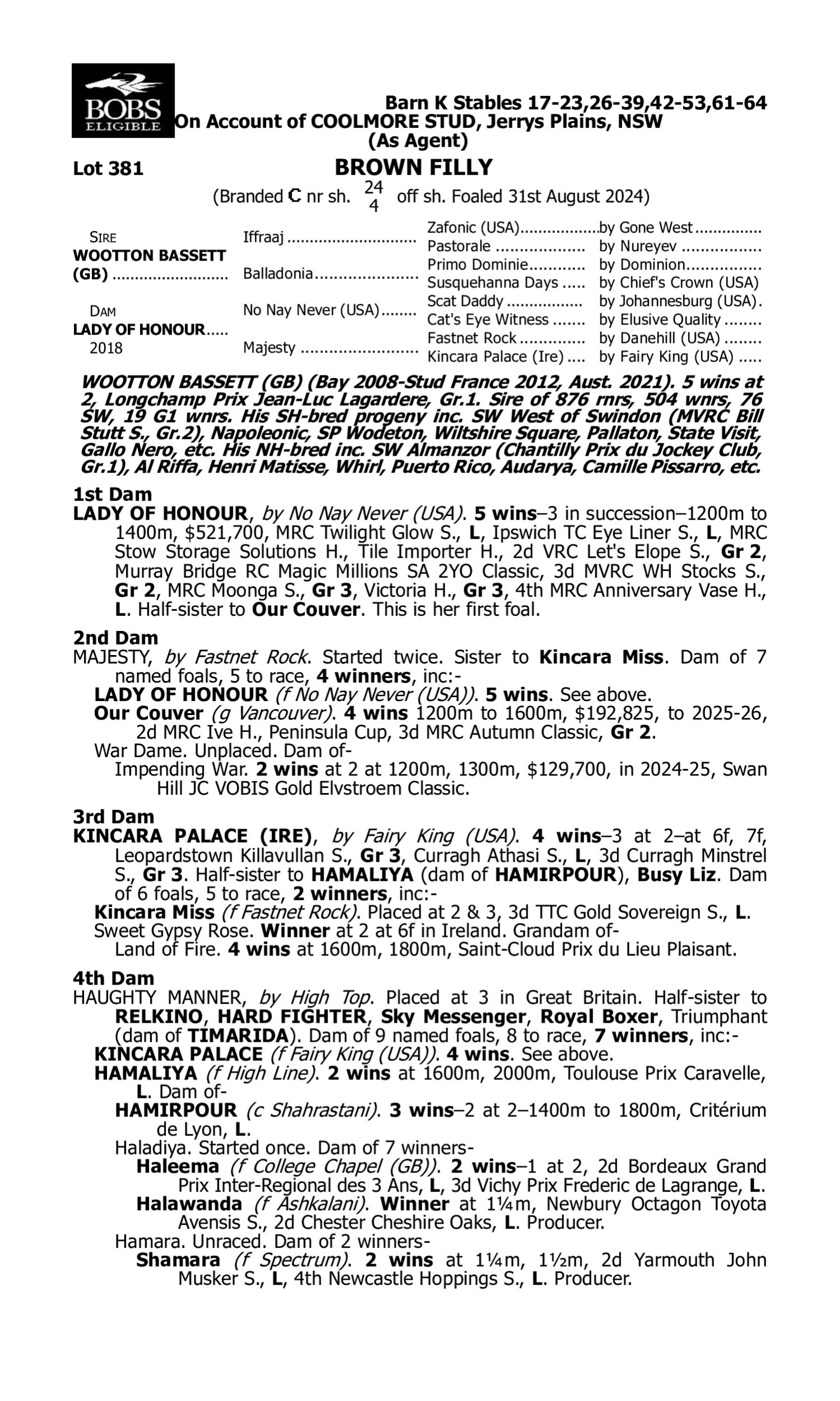 Pedigree for Lot 381 Wootton Bassett (GB) - Lady of Honour