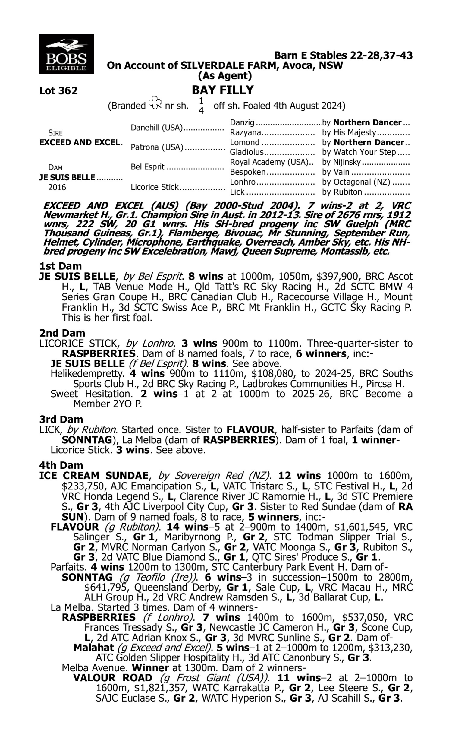 Pedigree for Lot 362 Exceed and Excel - Je Suis Belle