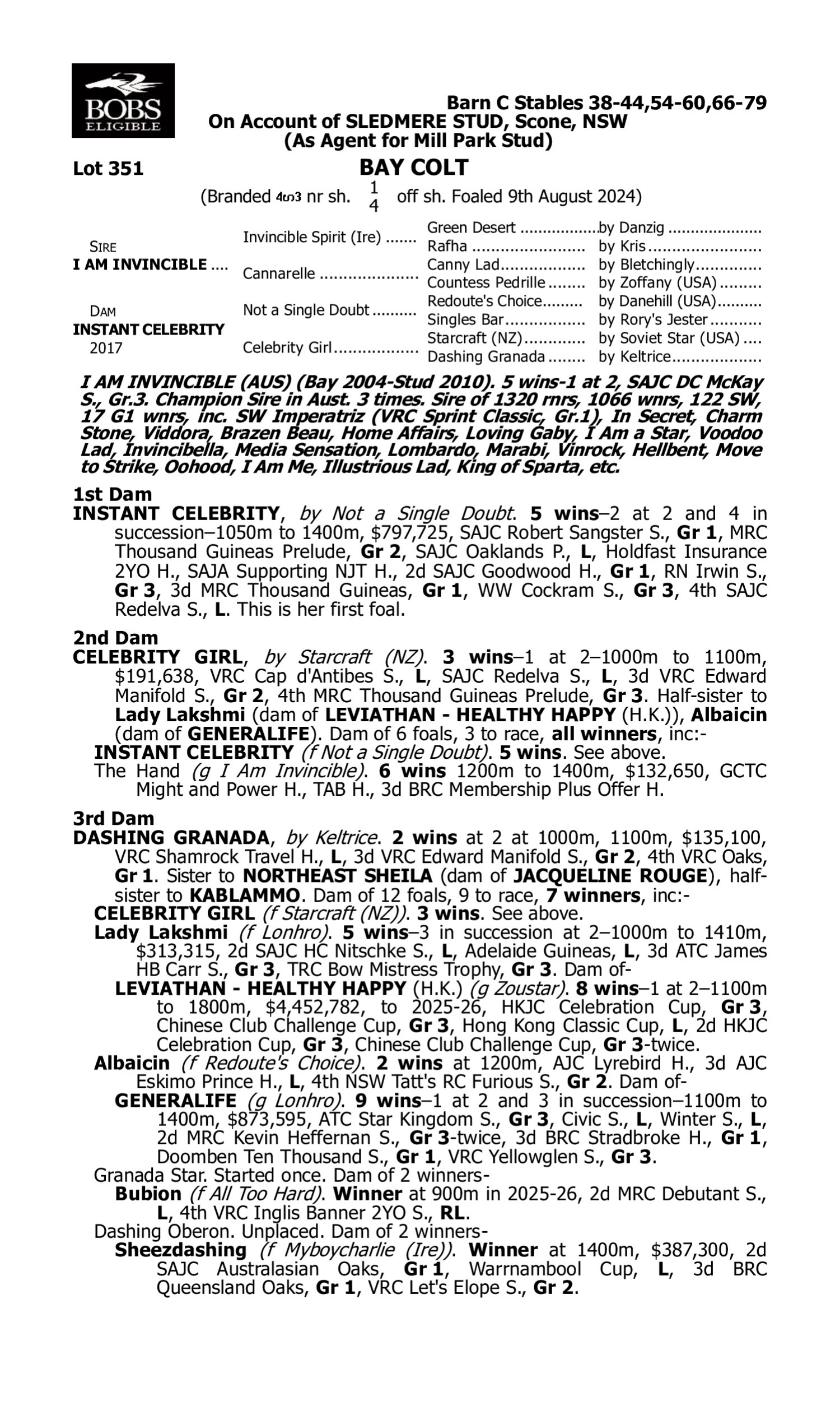 Pedigree for Lot 351 I Am Invincible - Instant Celebrity