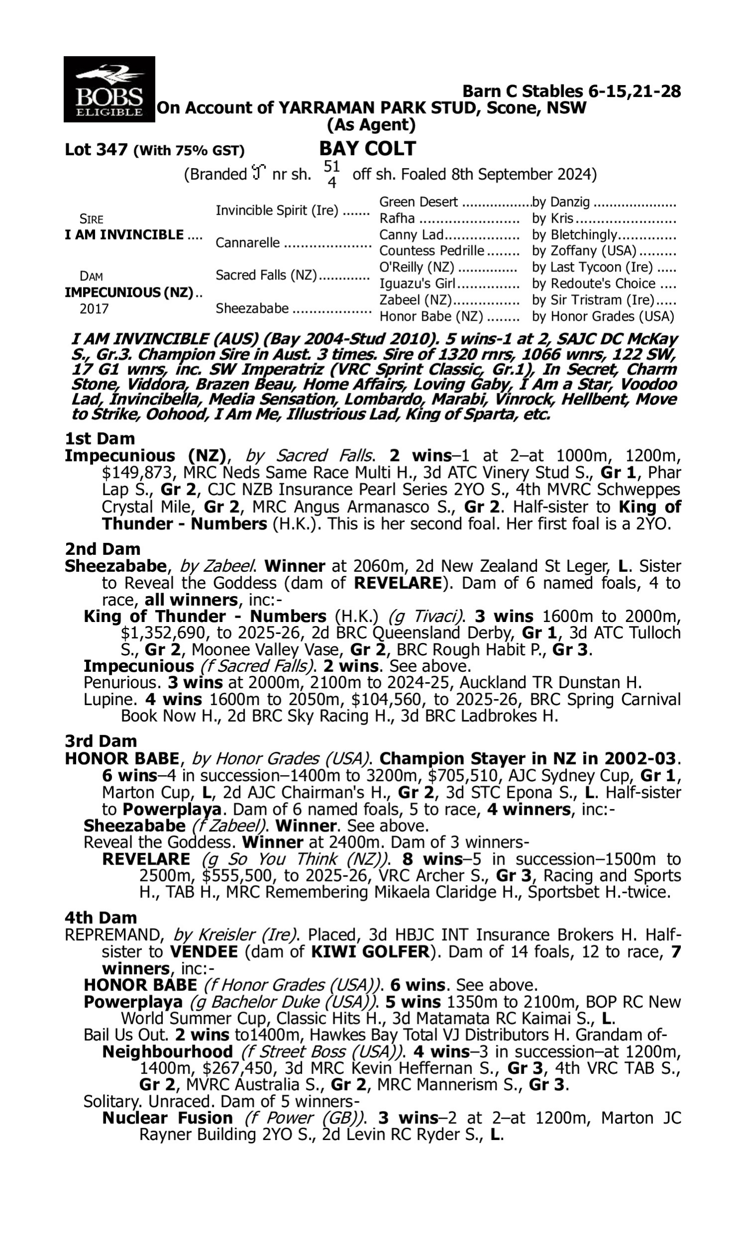 Pedigree for Lot 347 I Am Invincible - Impecunious (NZ)