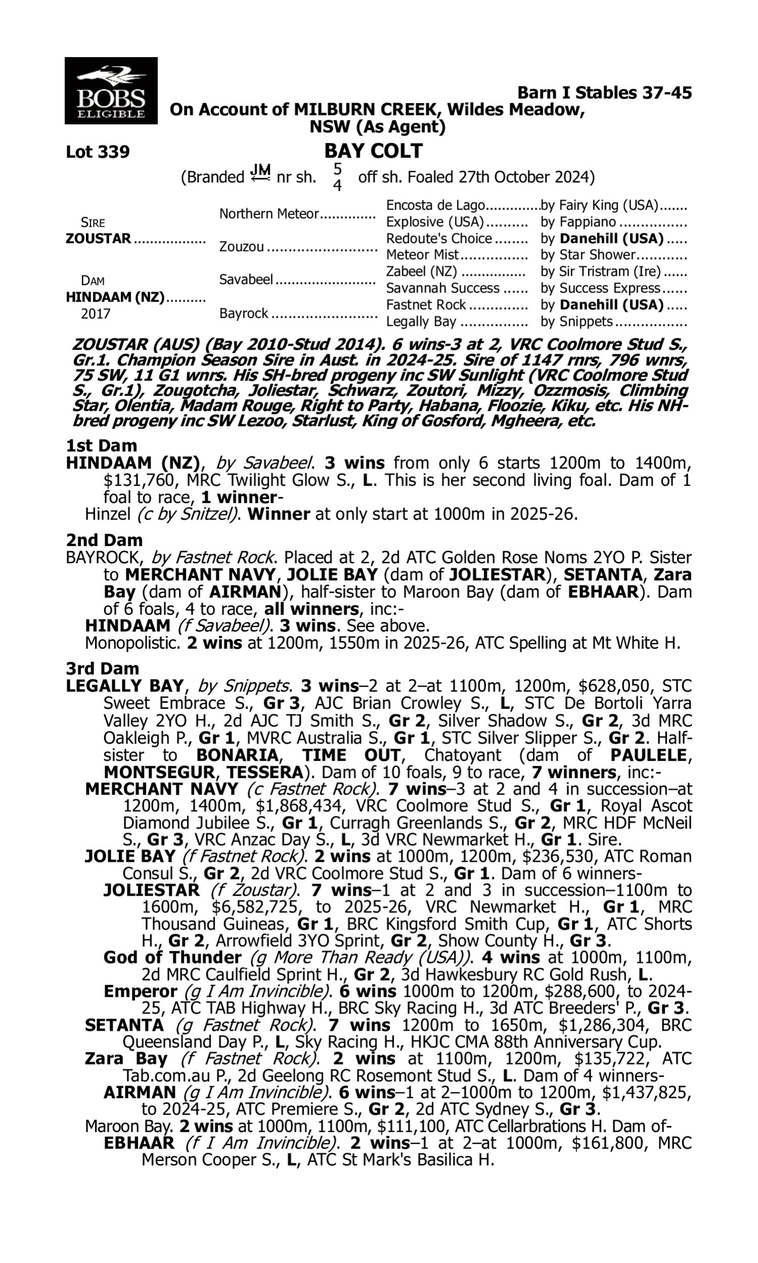 Pedigree for Lot 339 Zoustar - Hindaam (NZ)