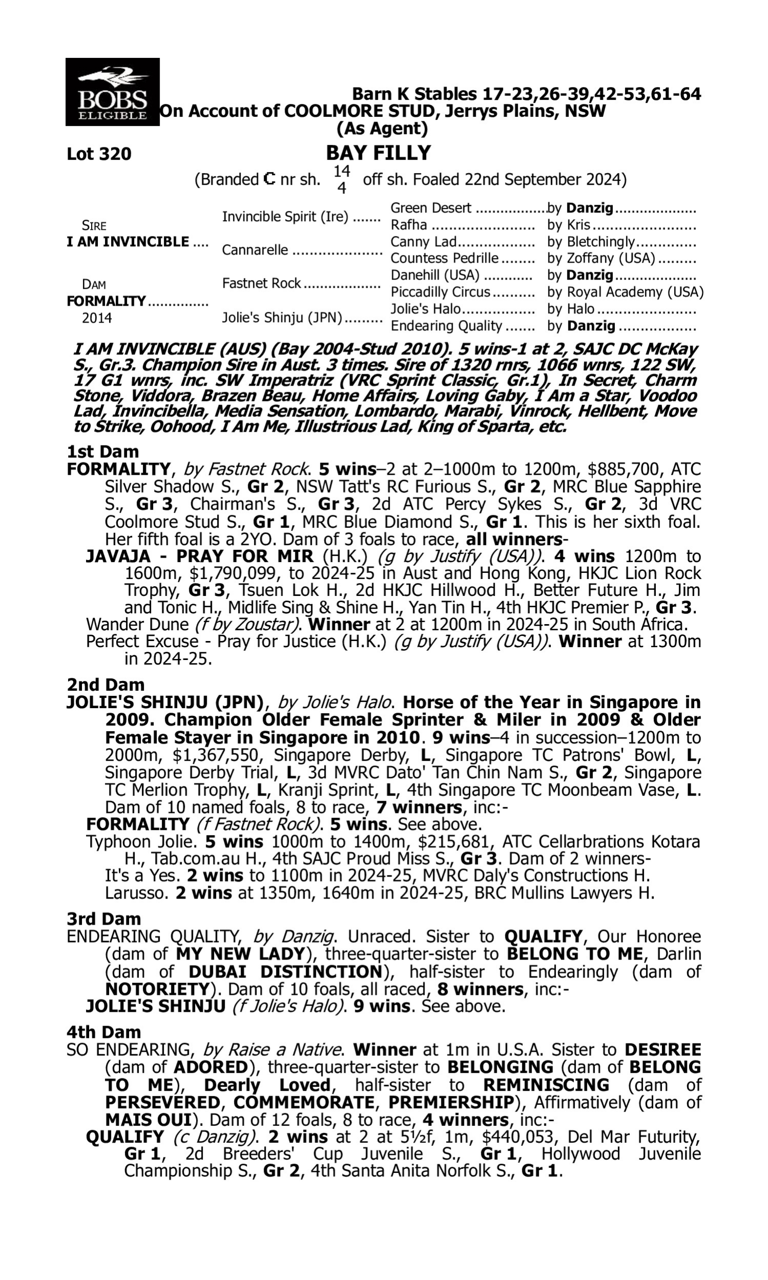 Pedigree for Lot 320 I Am Invincible - Formality