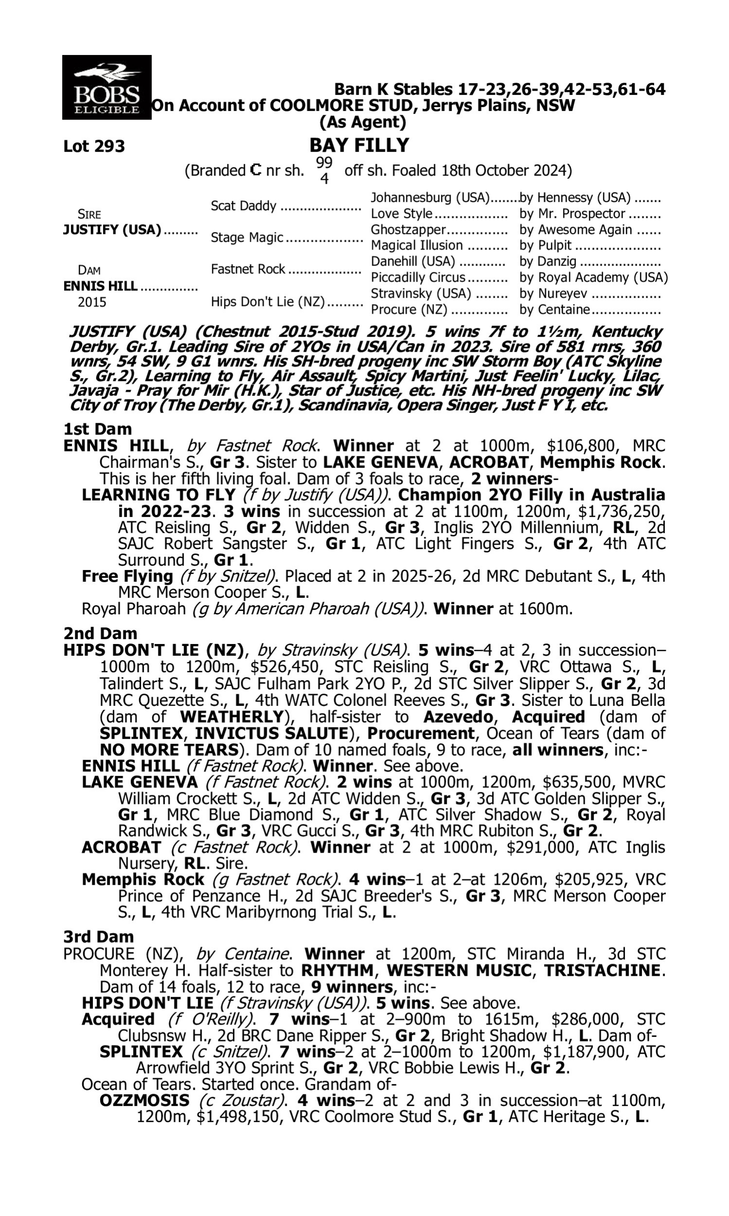 Pedigree for Lot 293 Justify (USA) - Ennis Hill