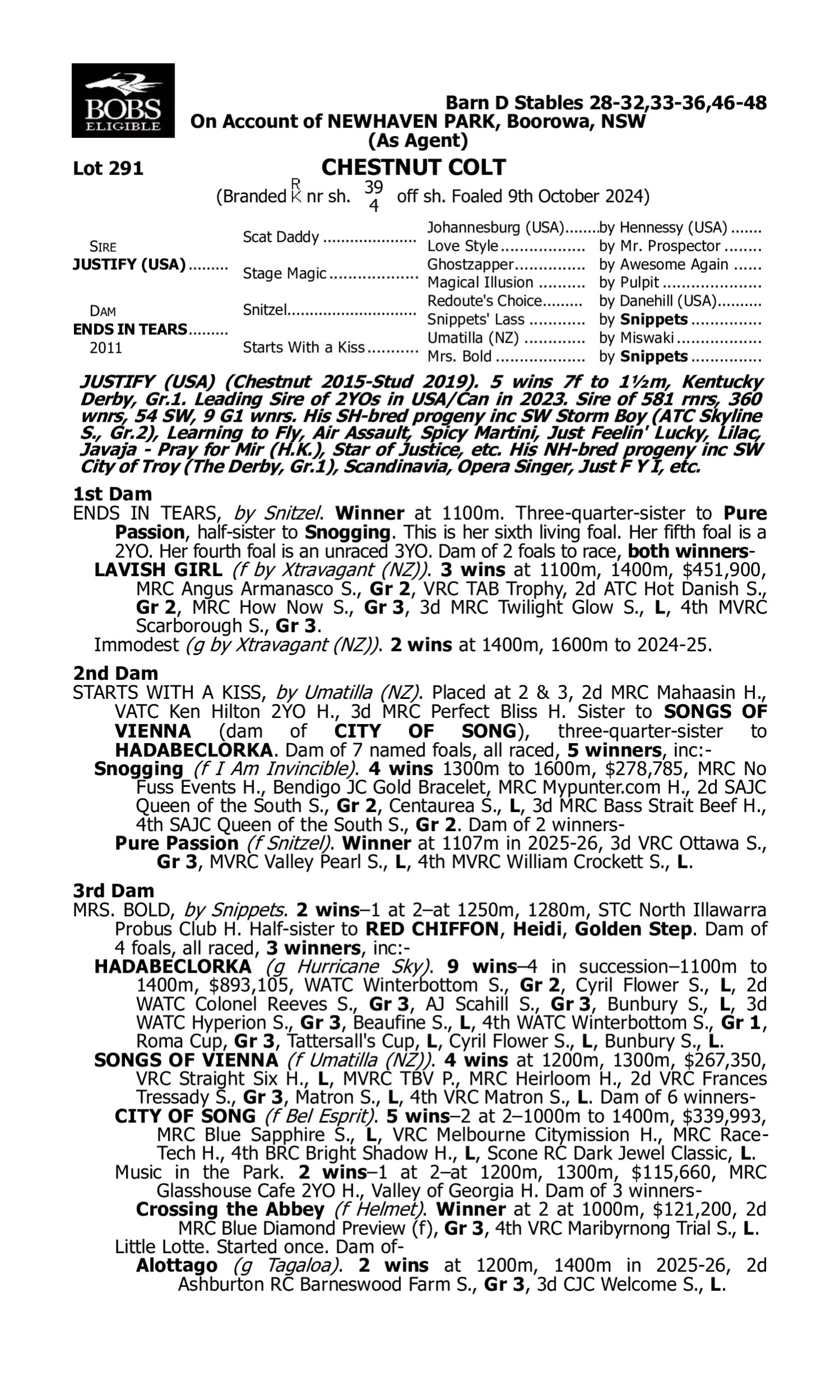 Pedigree for Lot 291 Justify (USA) - Ends in Tears