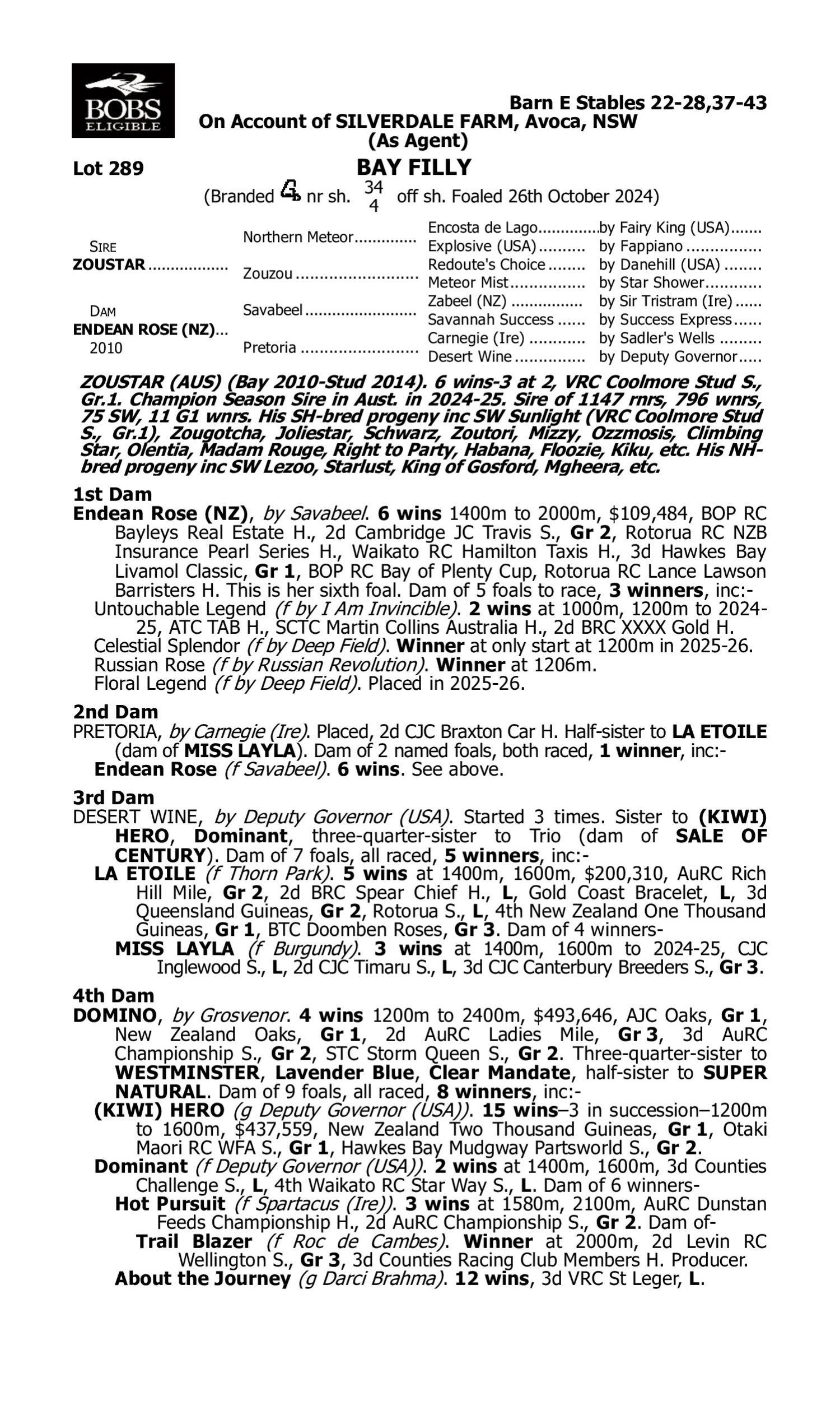 Pedigree for Lot 289 Zoustar - Endean Rose (NZ)