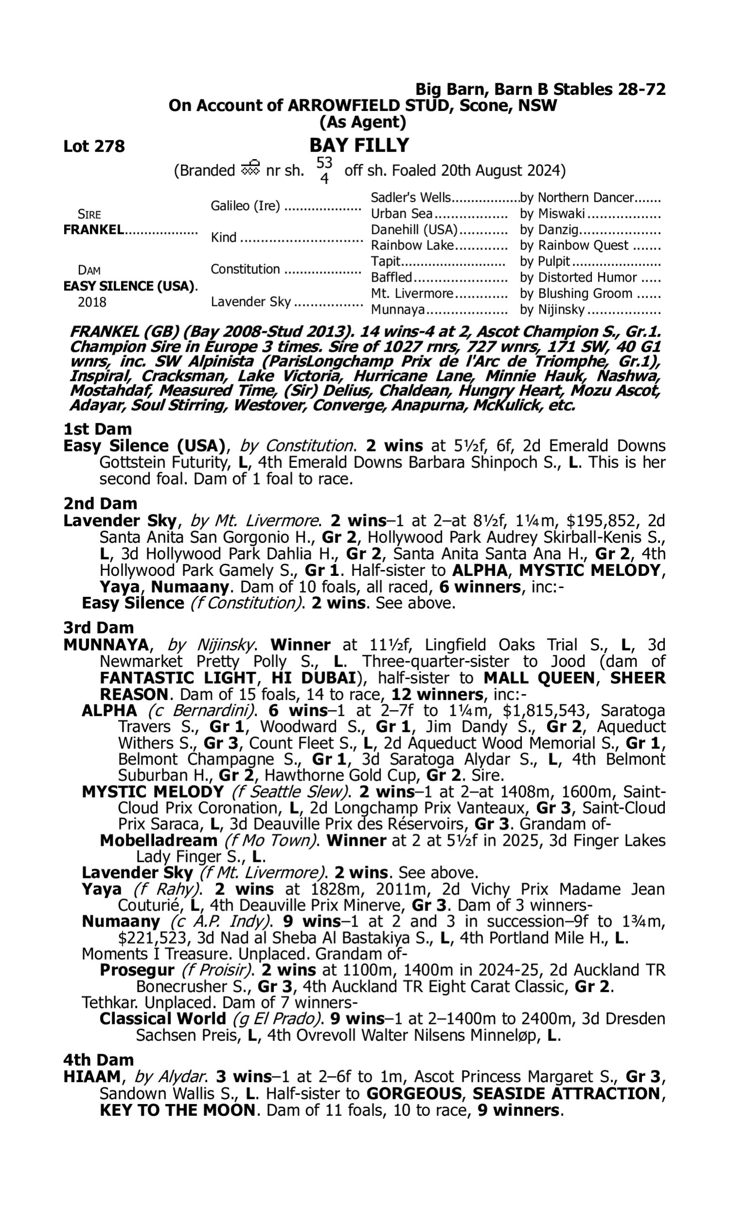 Pedigree for Lot 278 Frankel (GB) - Easy Silence (USA)