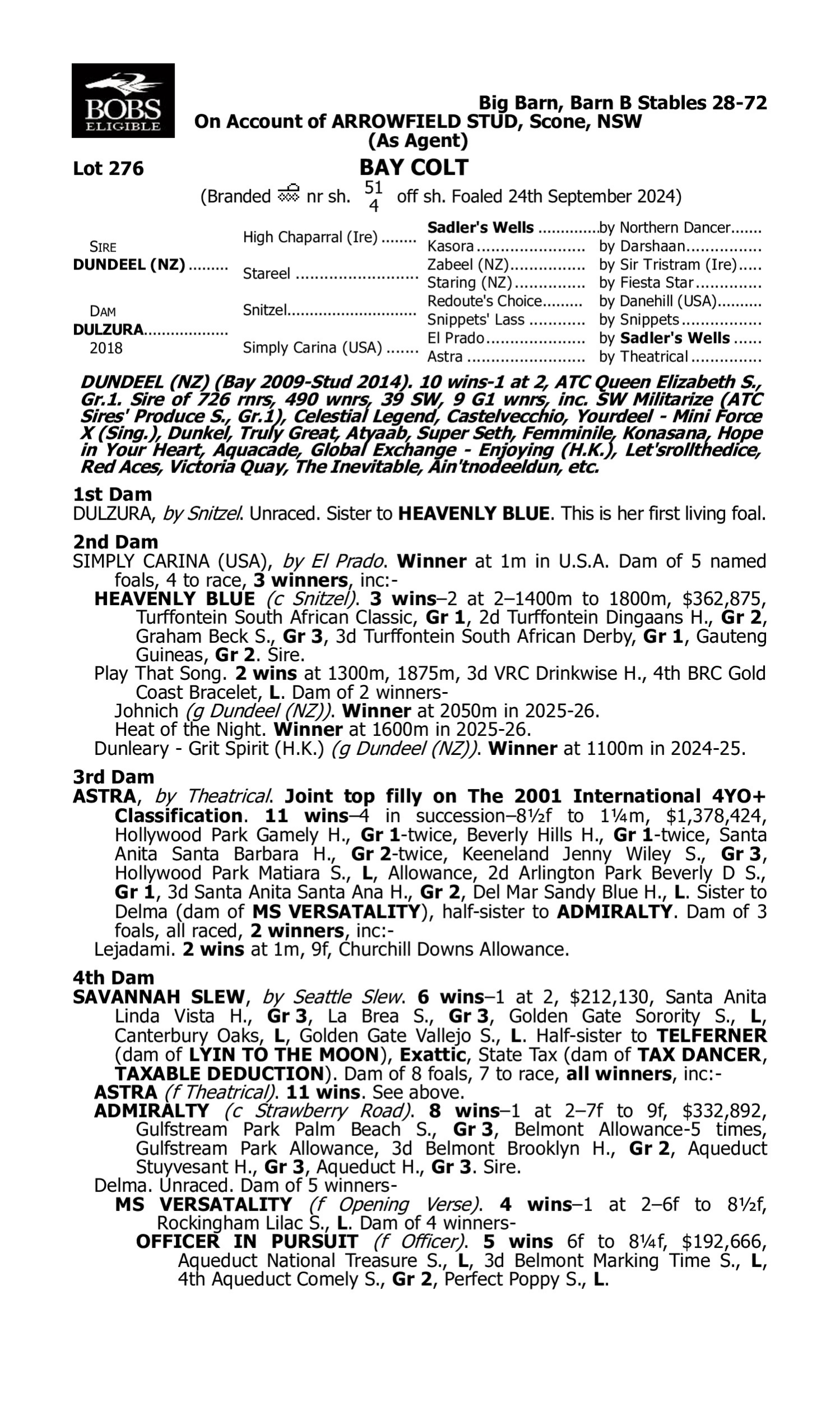 Pedigree for Lot 276 Dundeel (NZ) - Dulzura