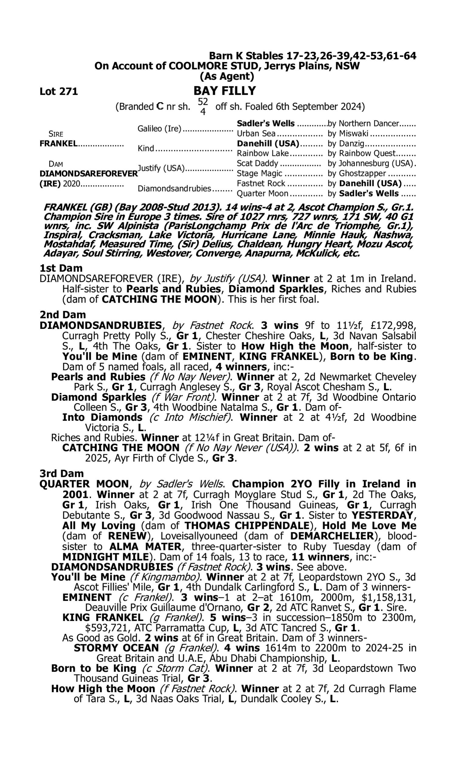 Pedigree for Lot 271 Frankel (GB) - Diamondsareforever (IRE)