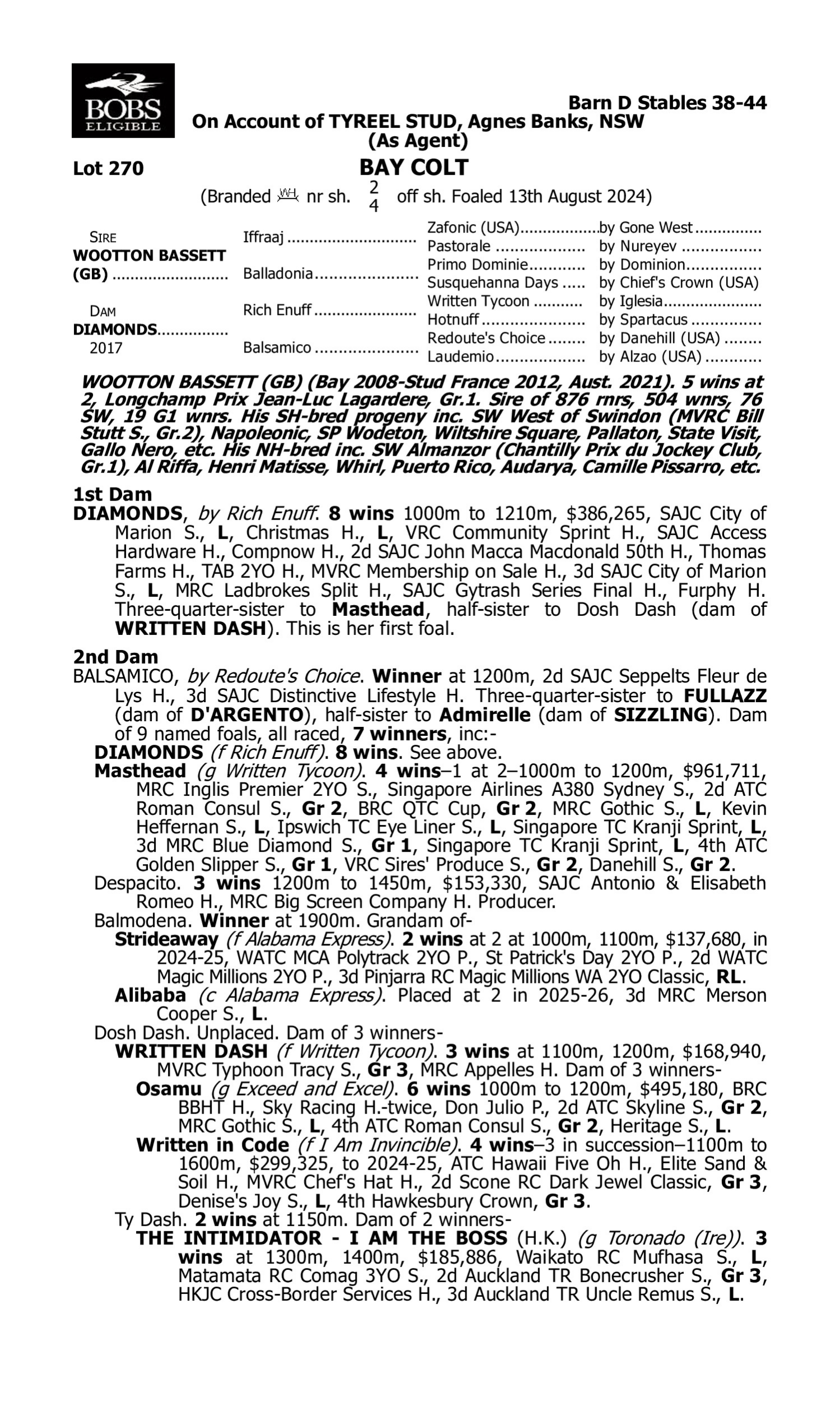 Pedigree for Lot 270 Wootton Bassett (GB) - Diamonds