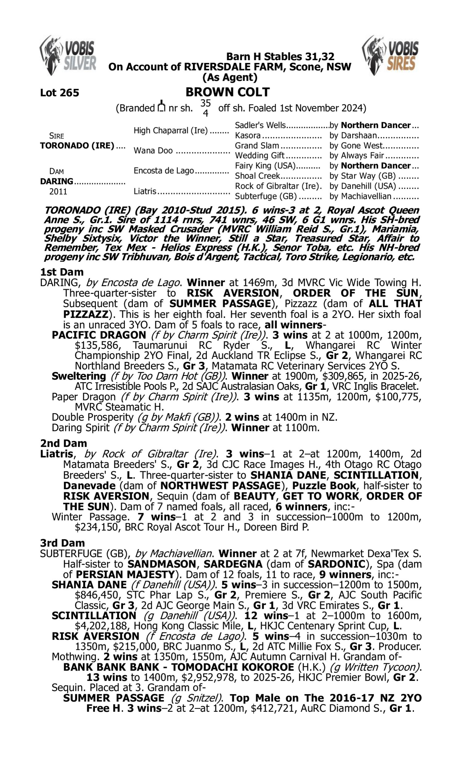 Pedigree for Lot 265 Toronado (IRE) - Daring