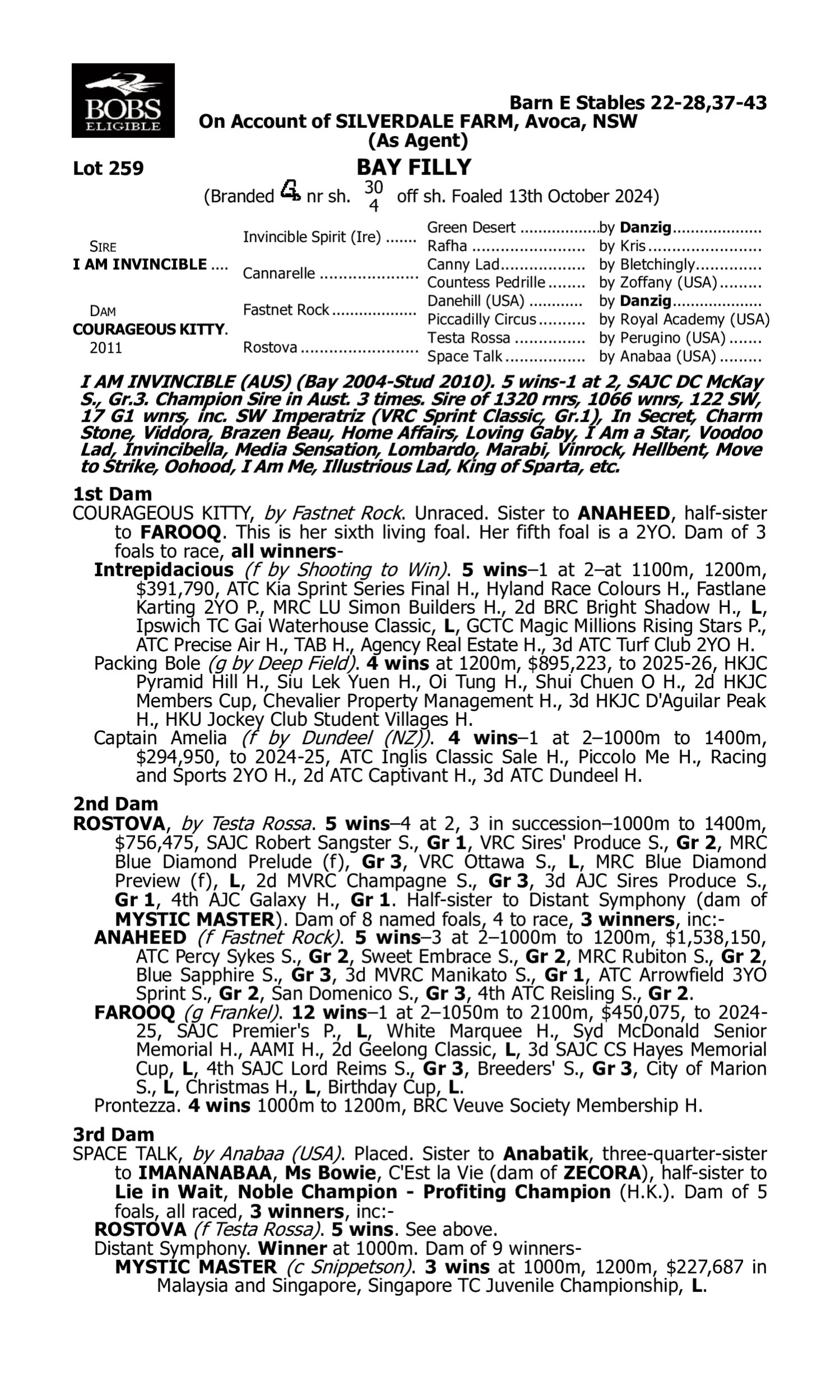 Pedigree for Lot 259 I Am Invincible - Courageous Kitty