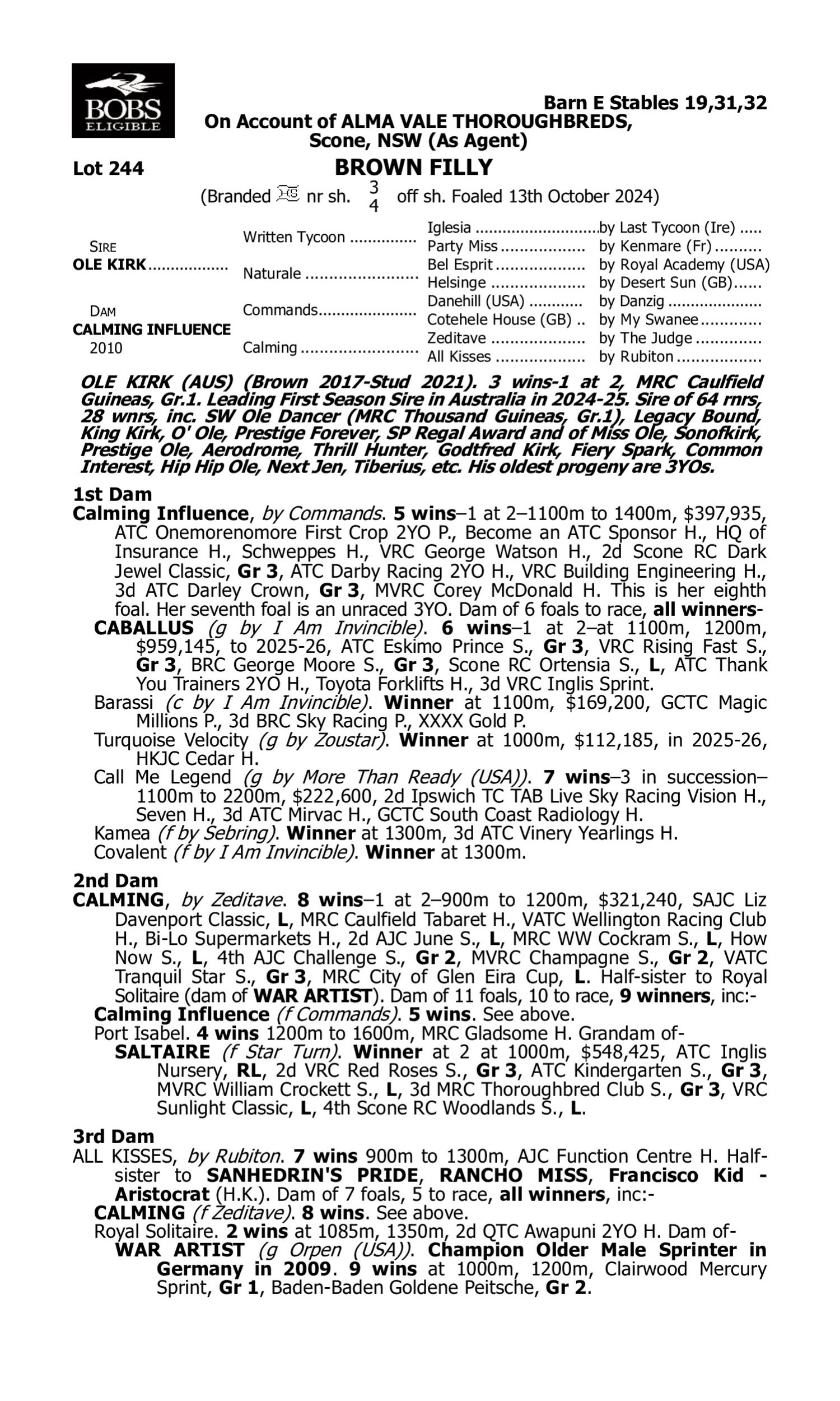 Pedigree for Lot 244 Ole Kirk - Calming Influence