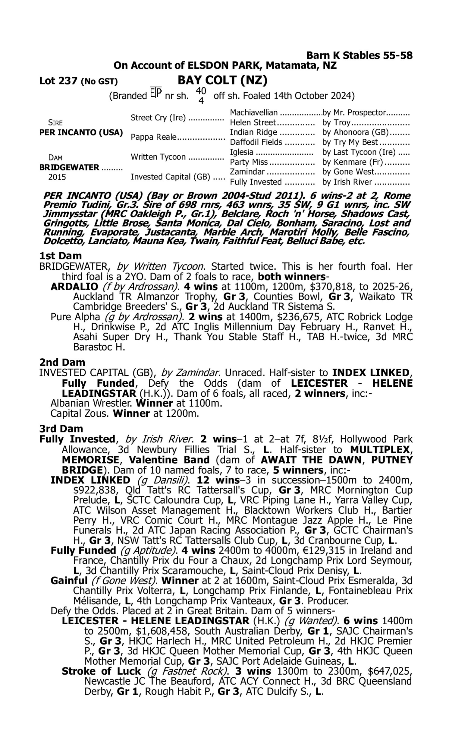Pedigree for Lot 237 Per Incanto (USA) - Bridgewater