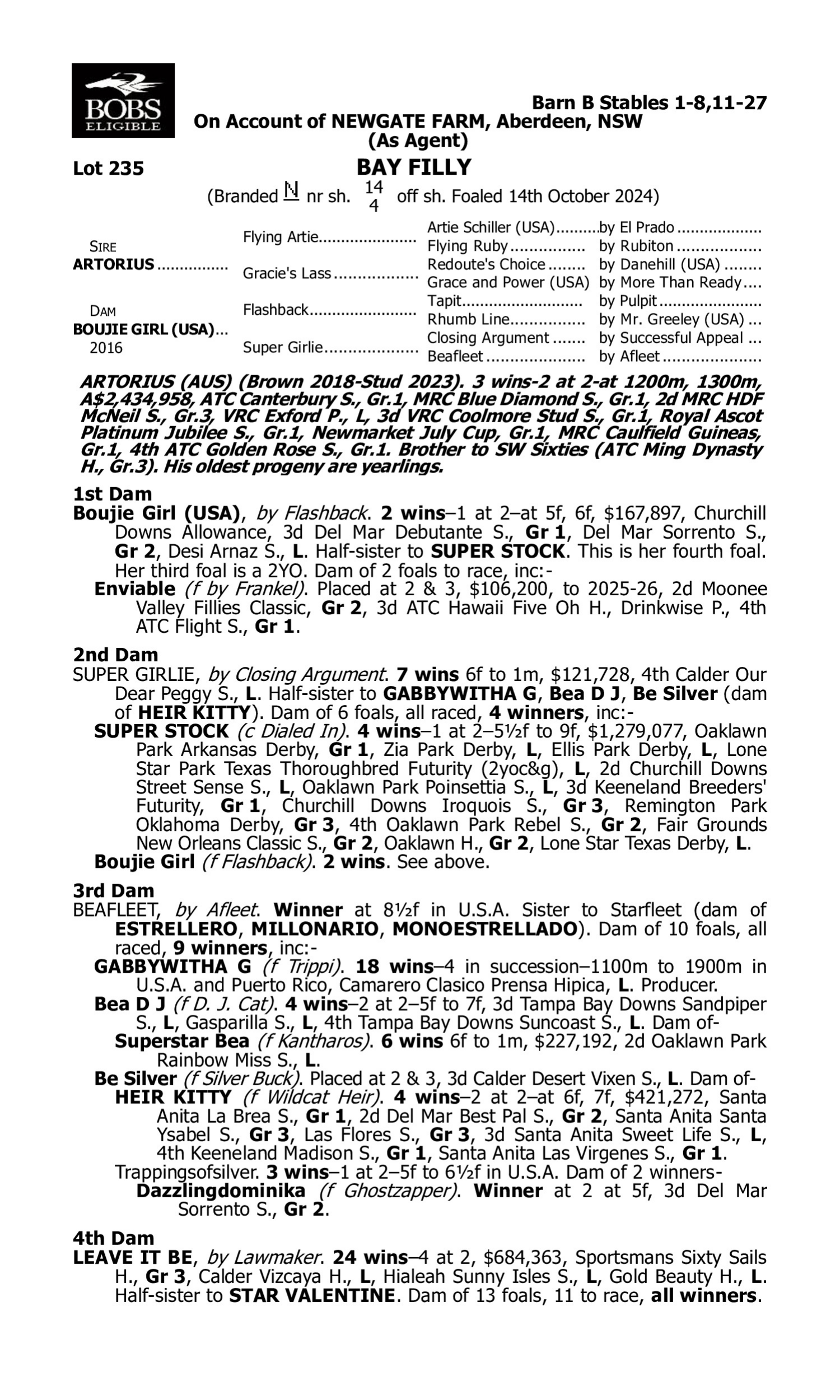Pedigree for Lot 235 Artorius - Boujie Girl (USA)