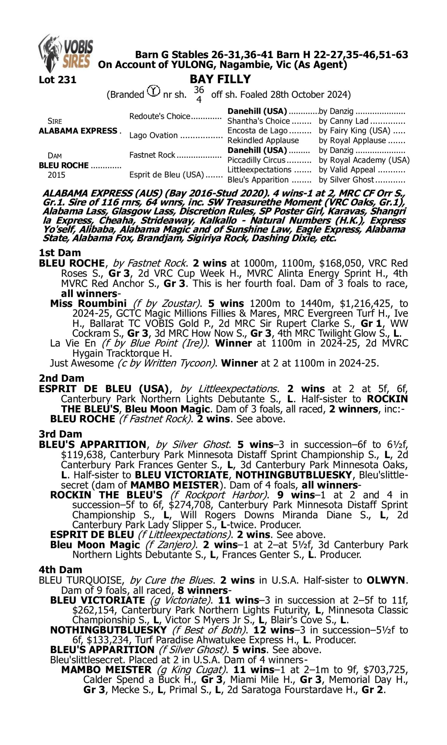 Pedigree for Lot 231 Alabama Express - Bleu Roche