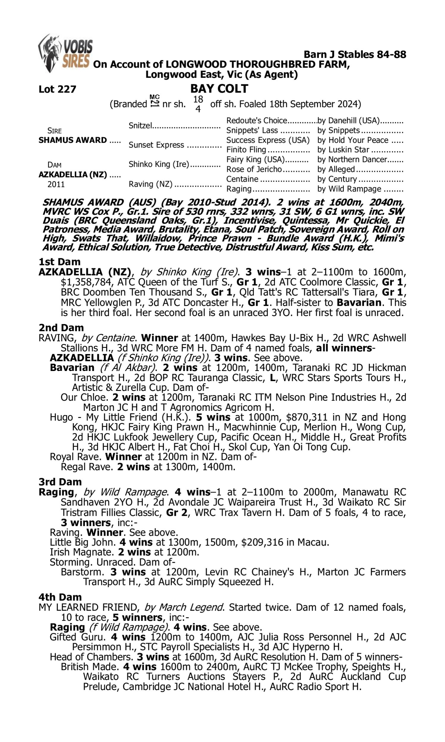 Pedigree for Lot 227 Shamus Award - Azkadellia (NZ)