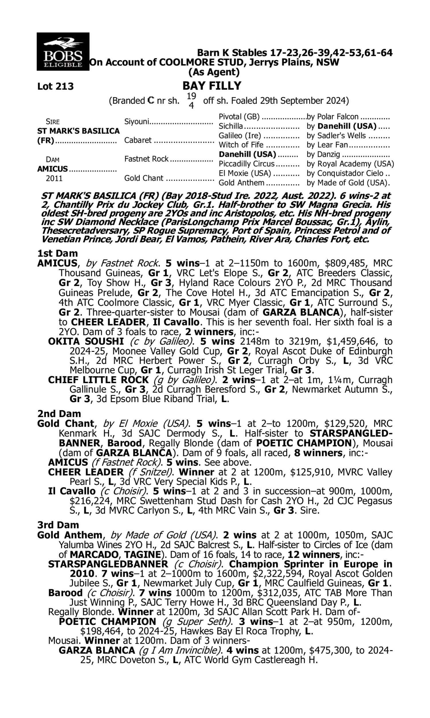 Pedigree for Lot 213 St Mark's Basilica (FR) - Amicus