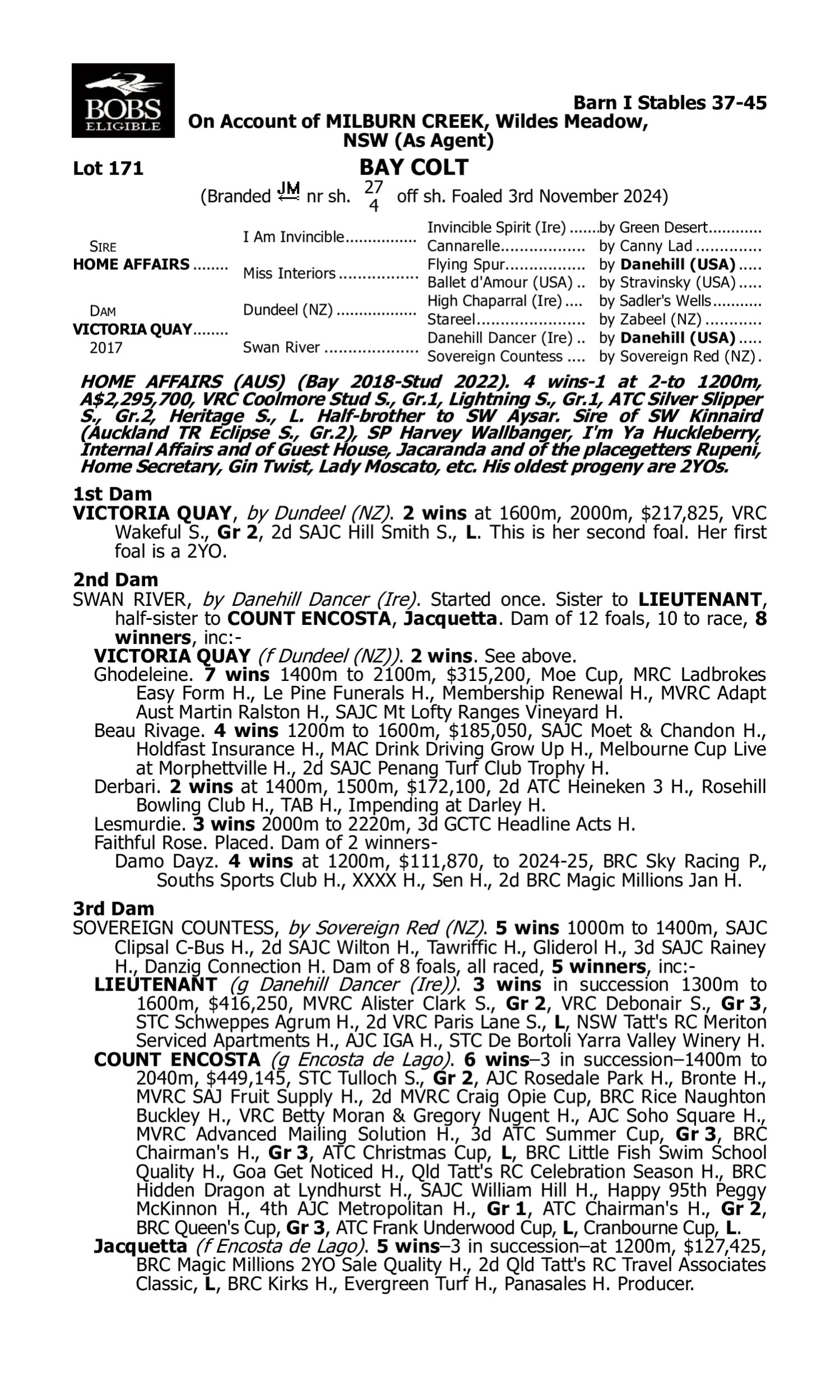 Pedigree for Lot 171 Home Affairs - Victoria Quay