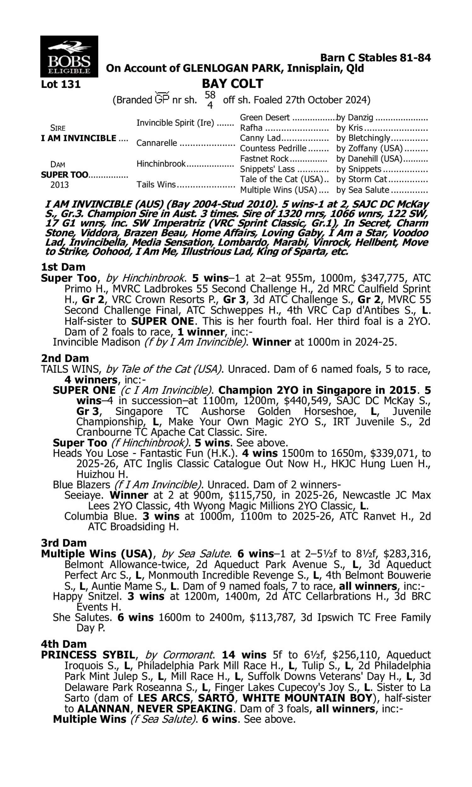 Pedigree for Lot 131 I Am Invincible - Super Too