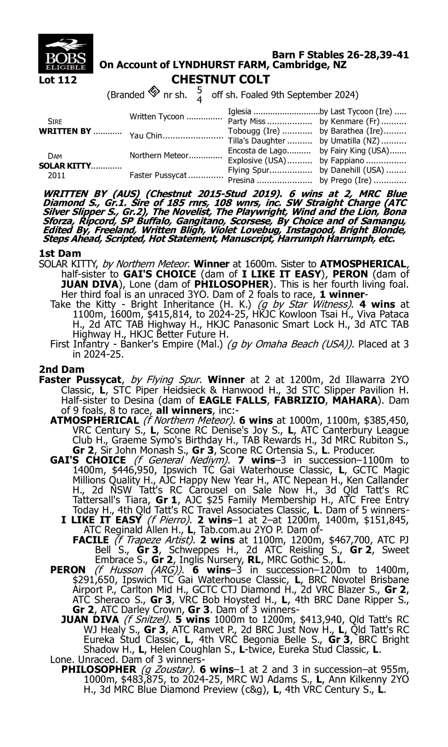 Pedigree for Lot 112 Written By - Solar Kitty