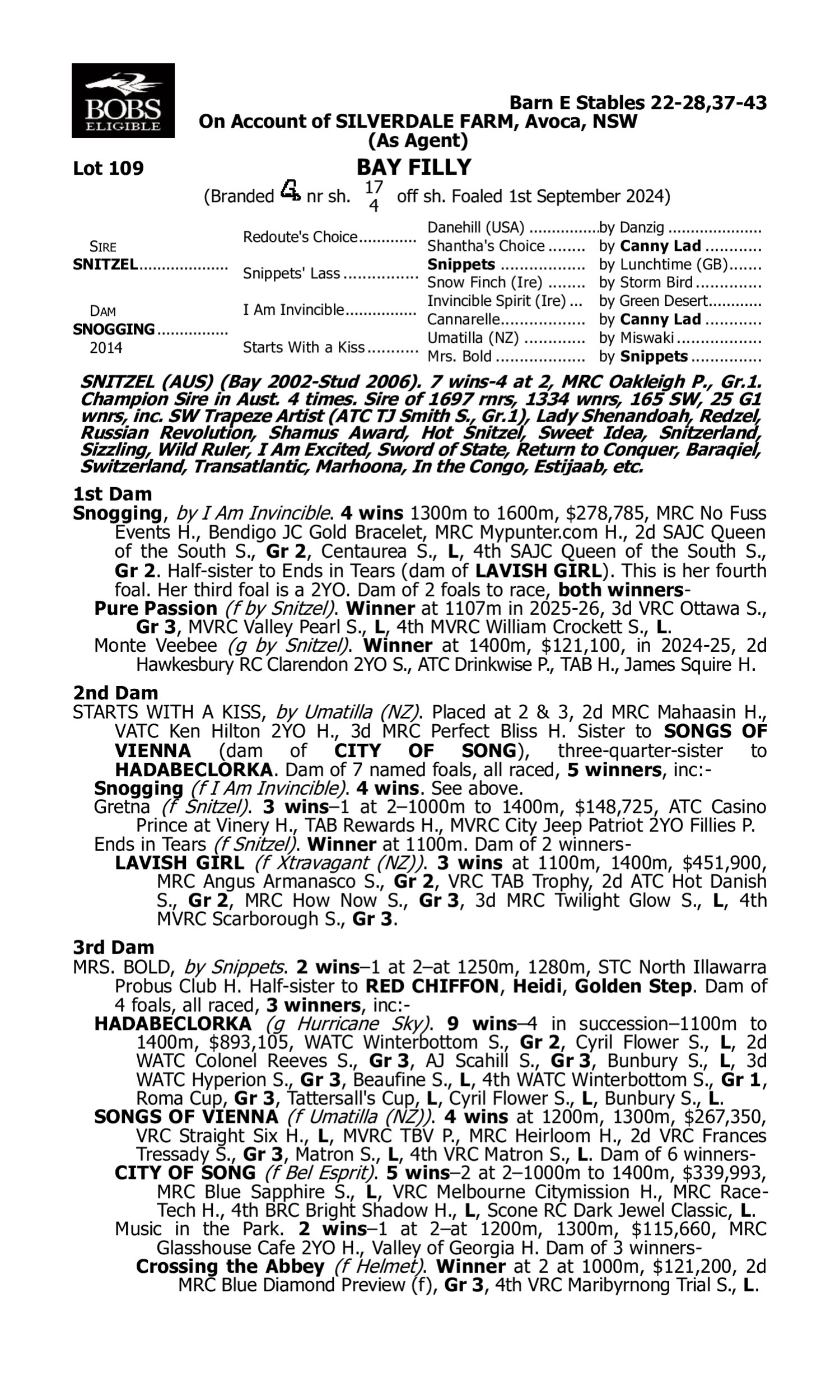 Pedigree for Lot 109 Snitzel - Snogging