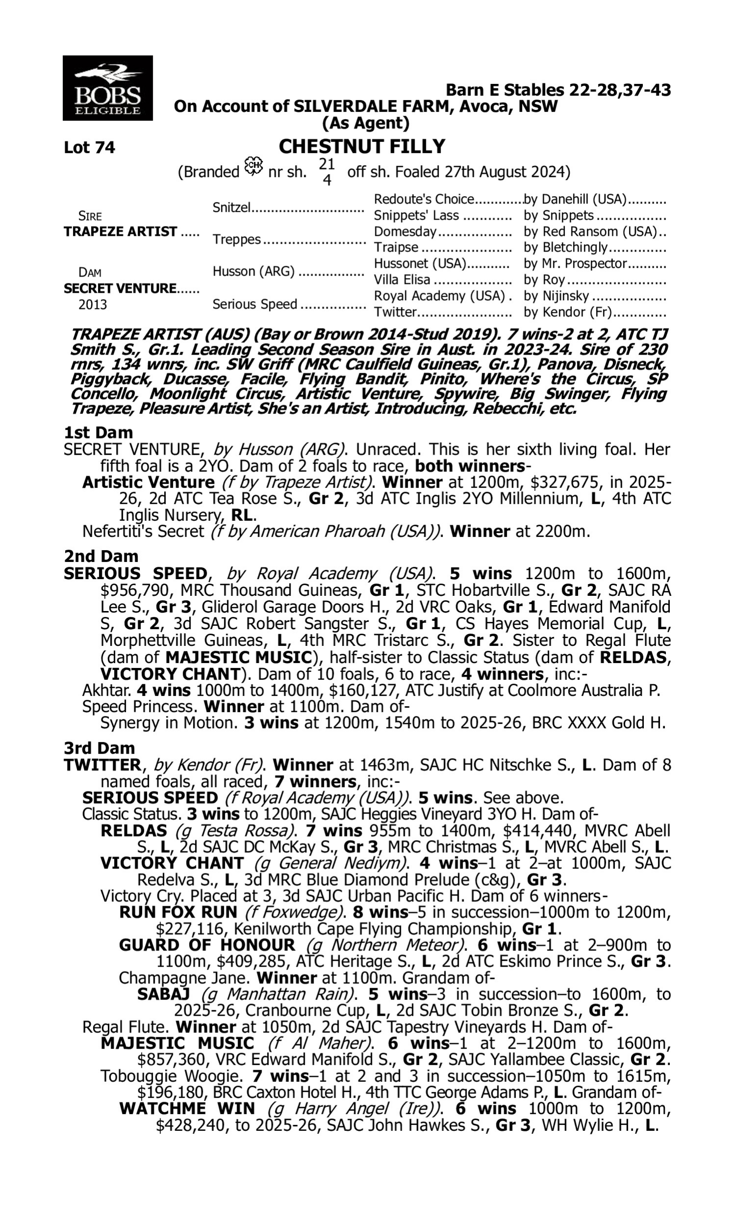 Pedigree for Lot 74 Trapeze Artist - Secret Venture