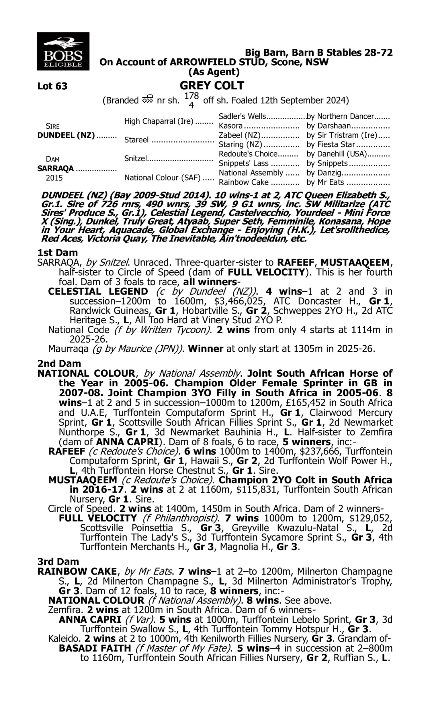 Pedigree for Lot 63 Dundeel (NZ) - Sarraqa