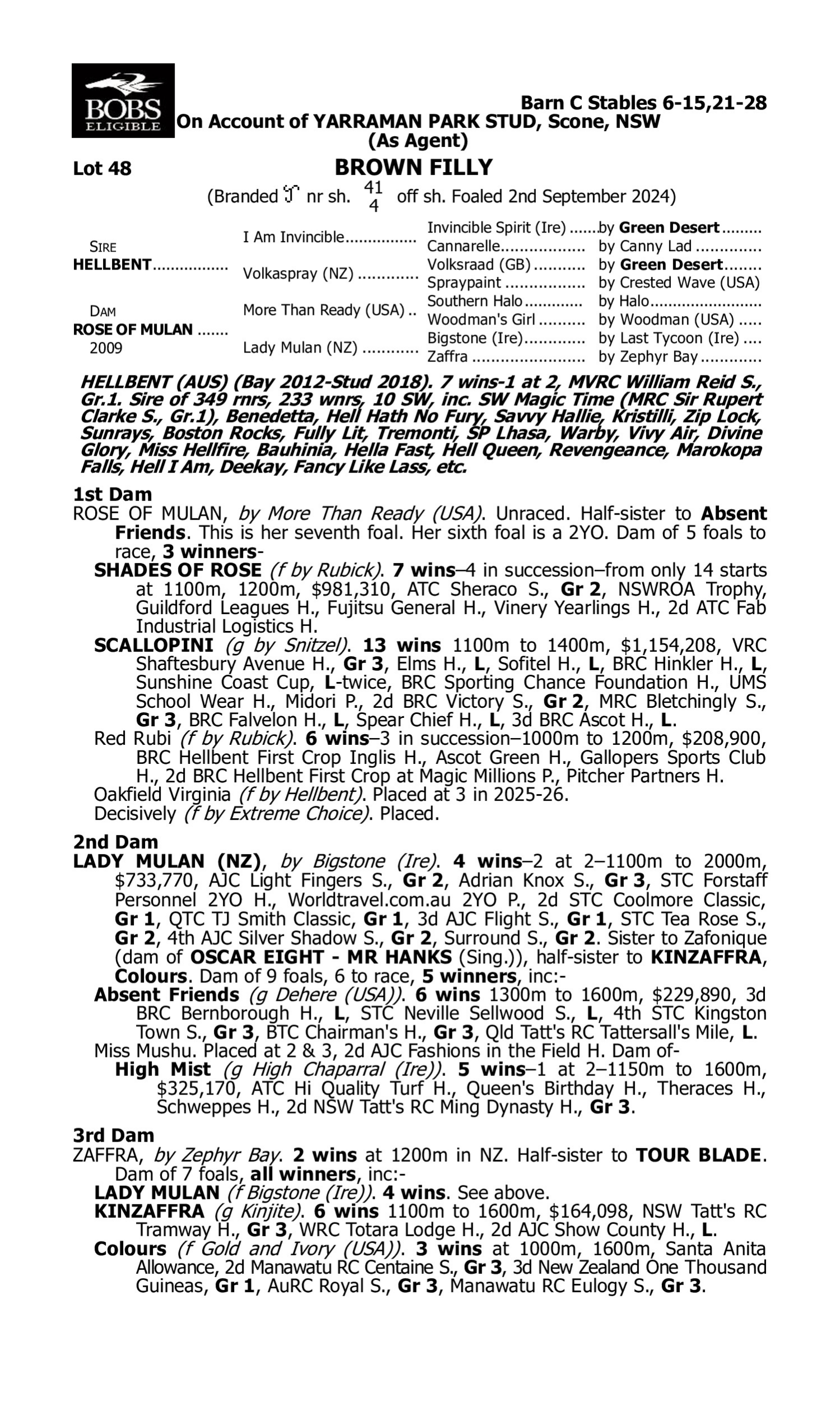 Pedigree for Lot 48 Hellbent - Rose of Mulan