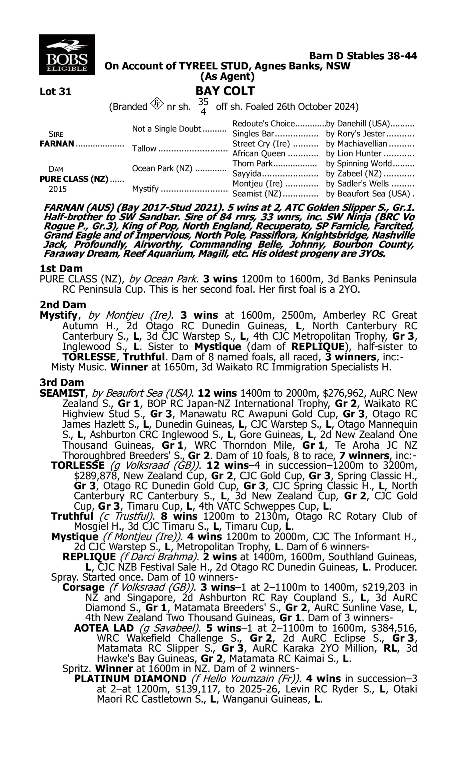 Pedigree for Lot 31 Farnan - Pure Class (NZ)