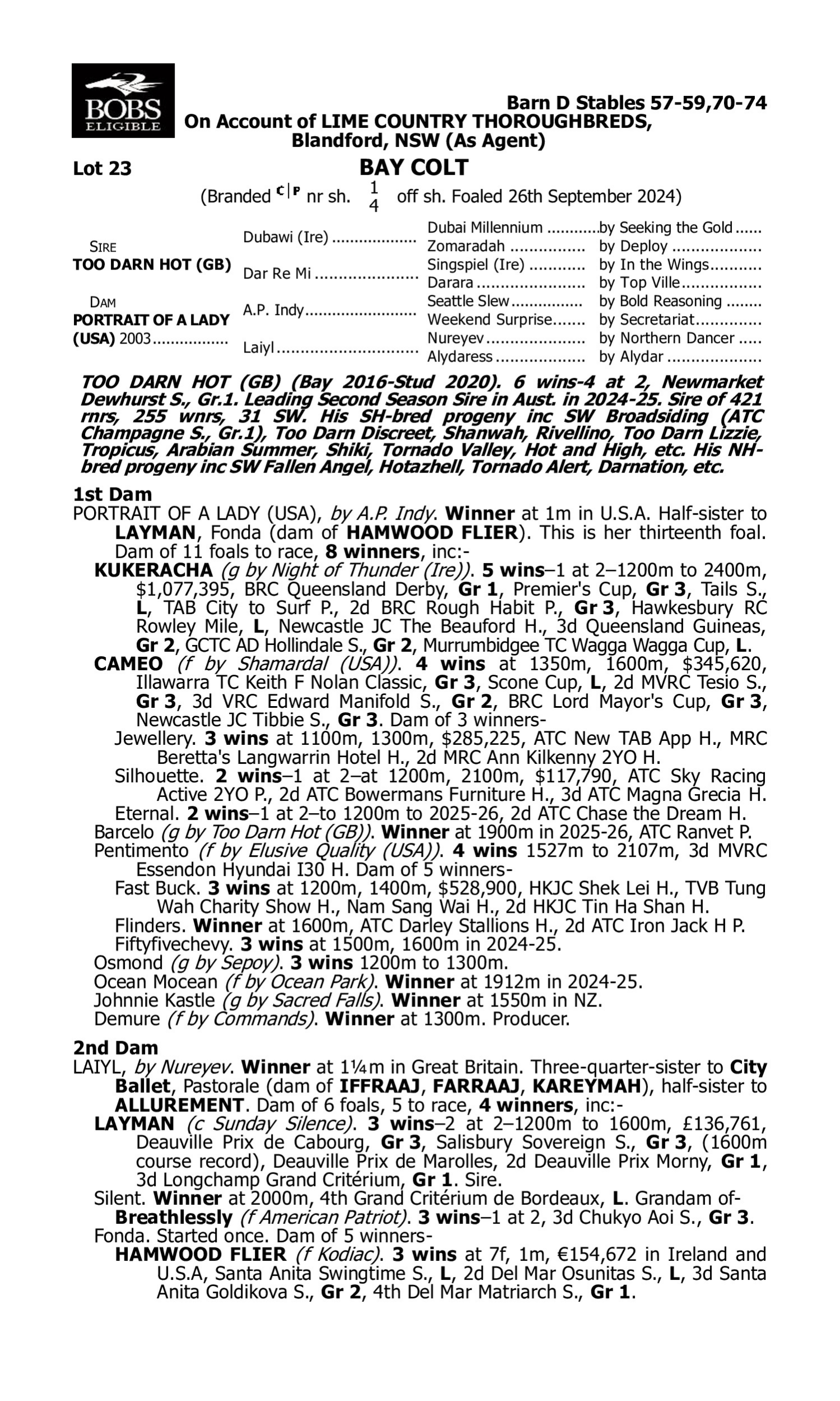 Pedigree for Lot 23 Too Darn Hot (GB) - Portrait of a Lady (USA)