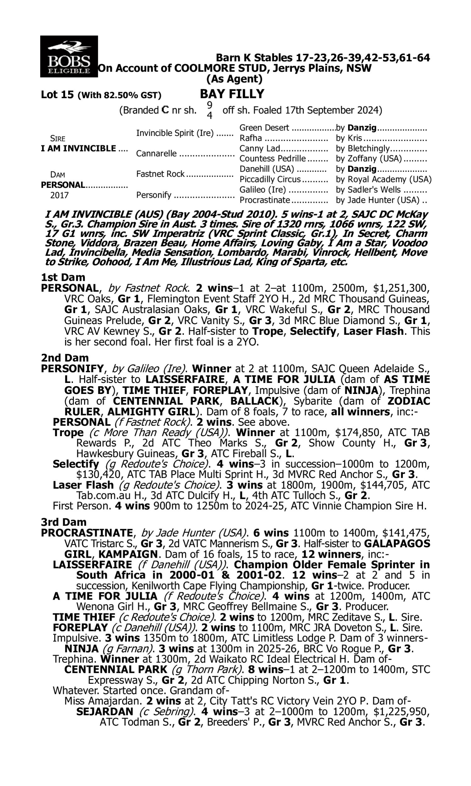 Pedigree for Lot 15 I Am Invincible - Personal