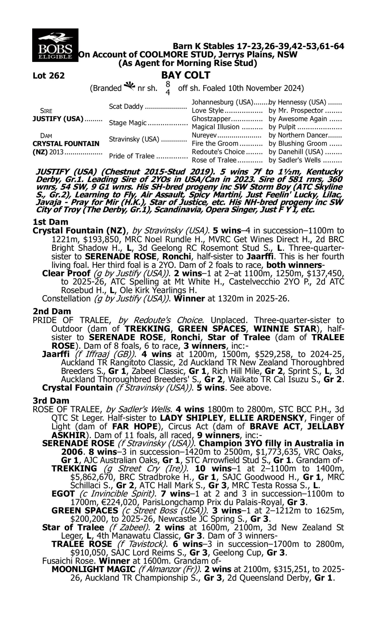 Pedigree for Lot 262 Justify (USA) - Crystal Fountain (NZ)