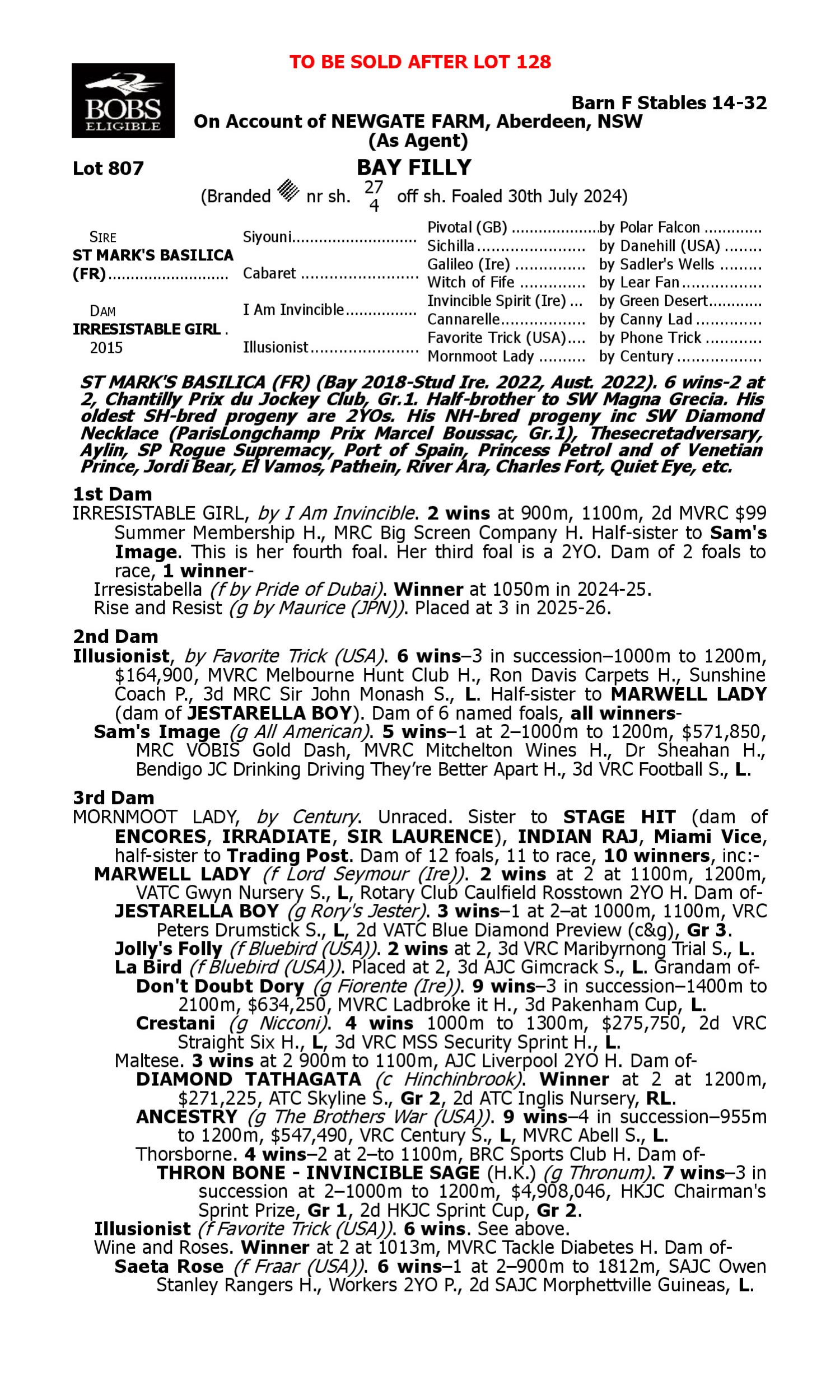 Pedigree for Lot 807 St Mark's Basilica (FR) - Irresistable Girl