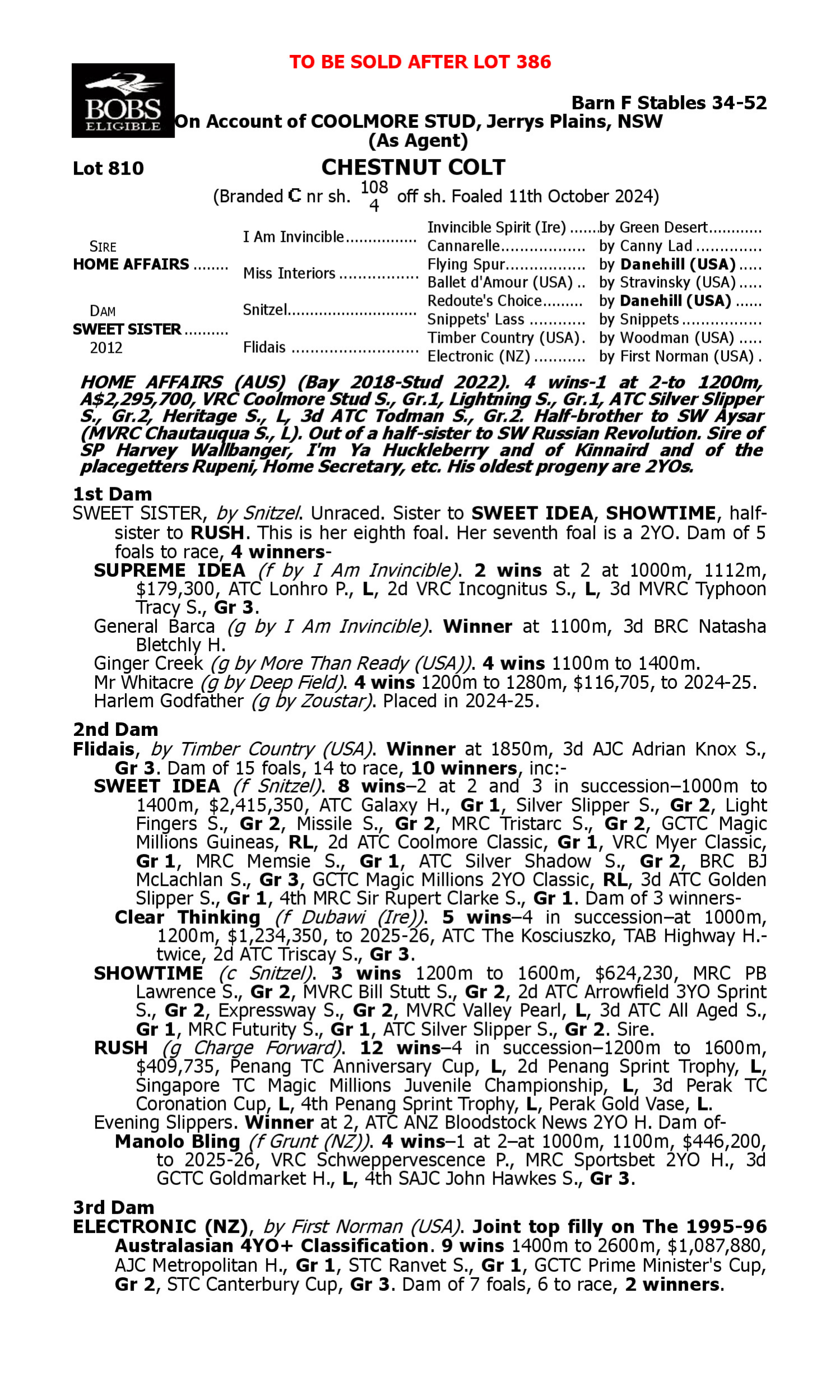 Pedigree for Lot 810 Home Affairs - Sweet Sister