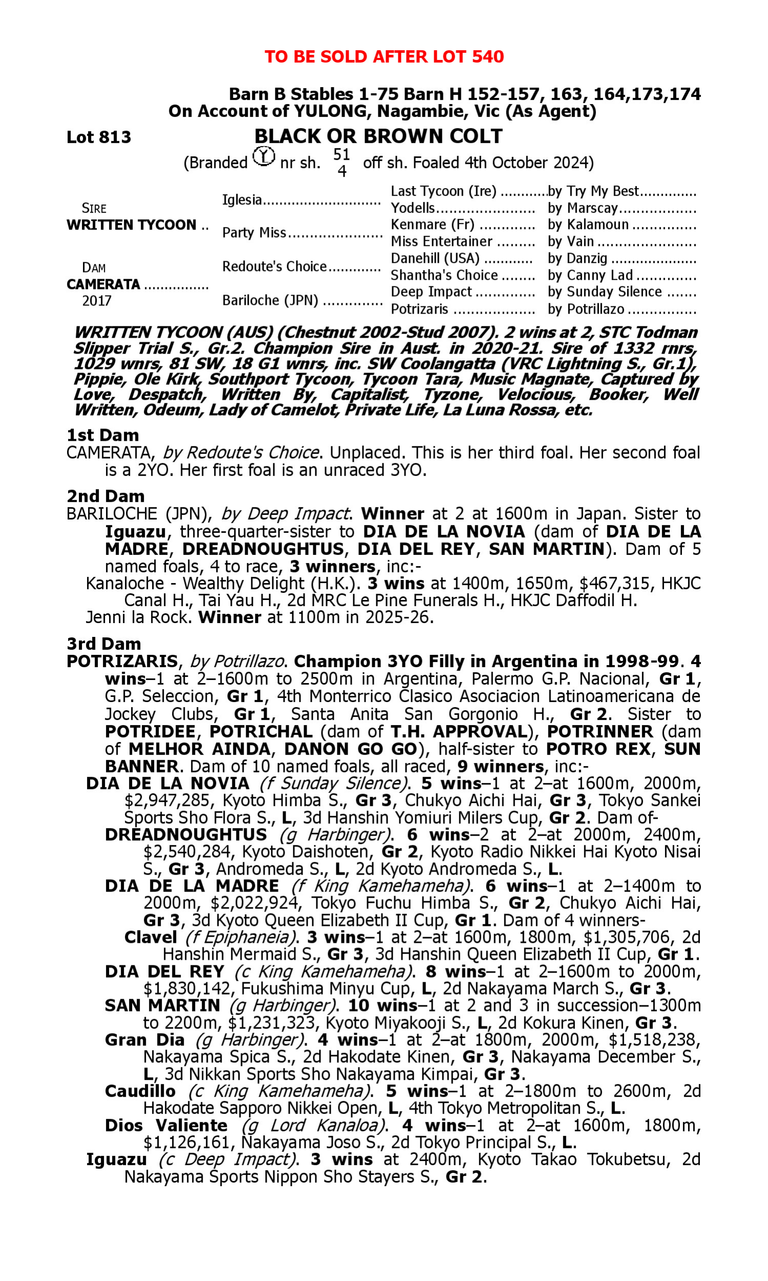 Pedigree for Lot 813 Written Tycoon - Camerata