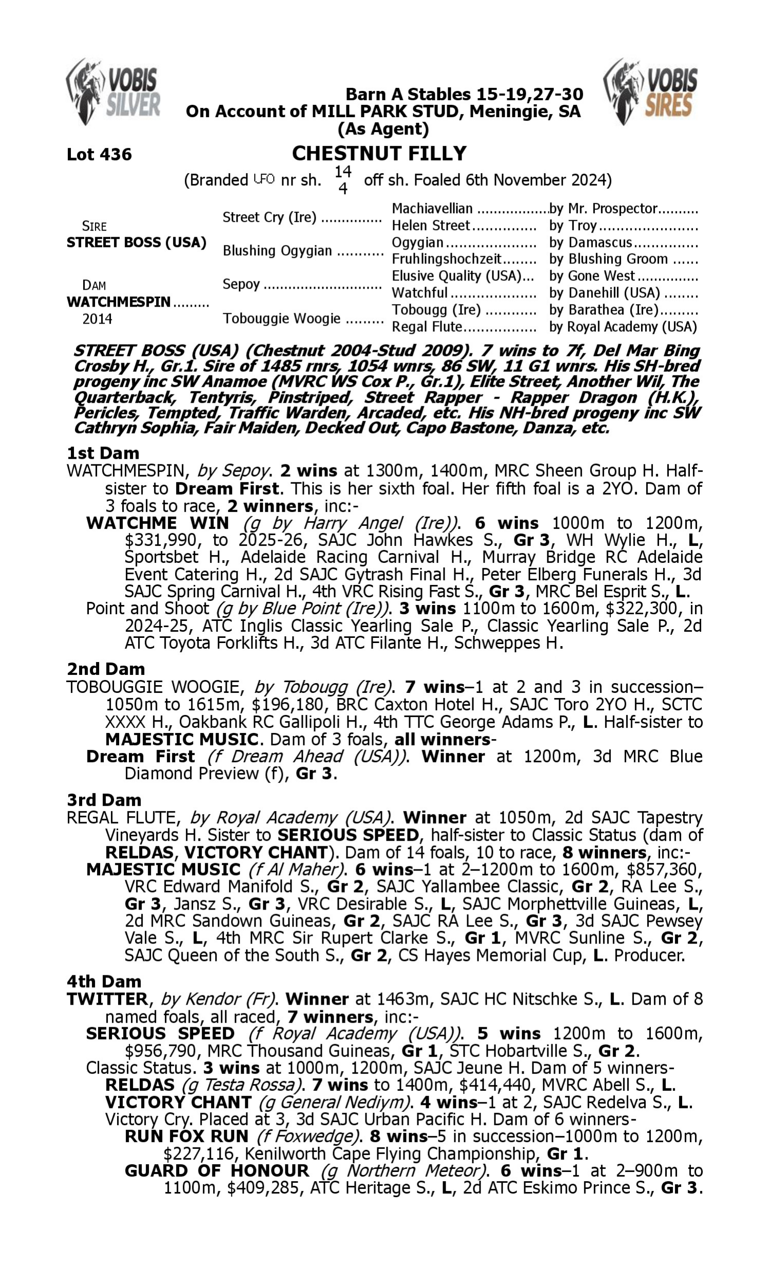 Pedigree for Lot 436 Street Boss (USA) - Watchmespin