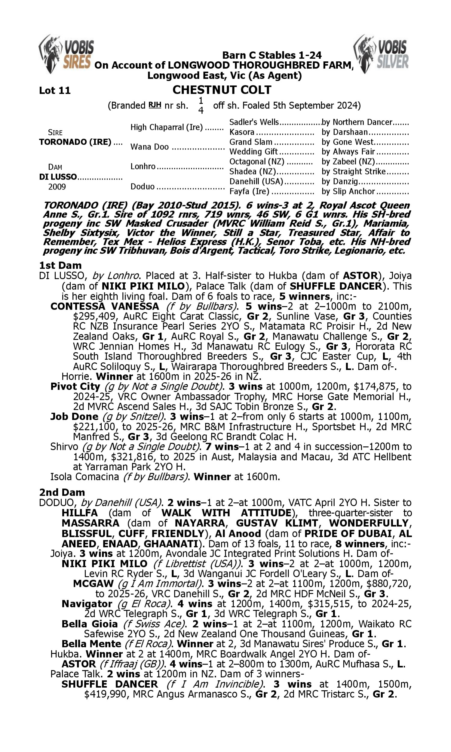 Pedigree for Lot 11 Toronado (IRE) - Di Lusso