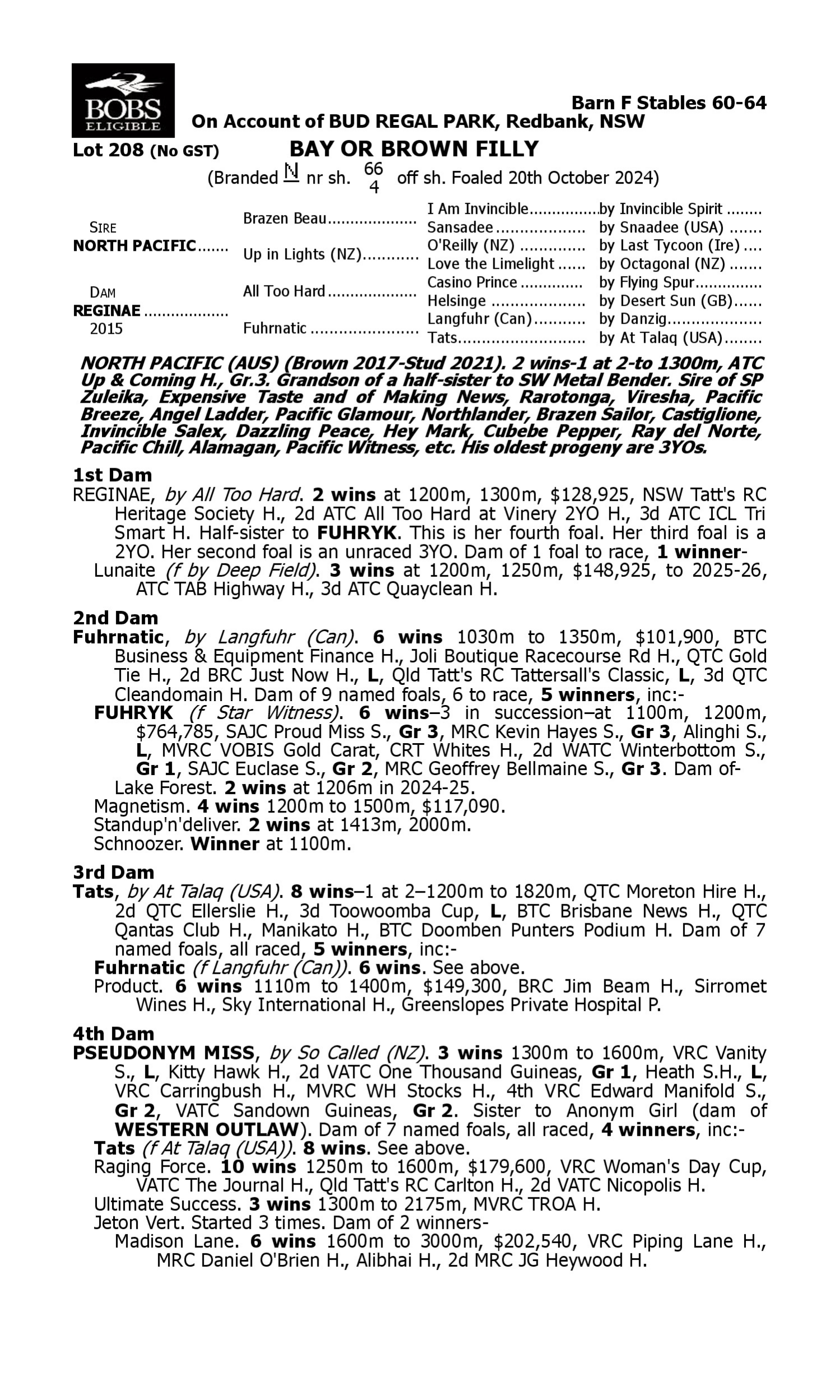 Pedigree for Lot 208 North Pacific - Reginae