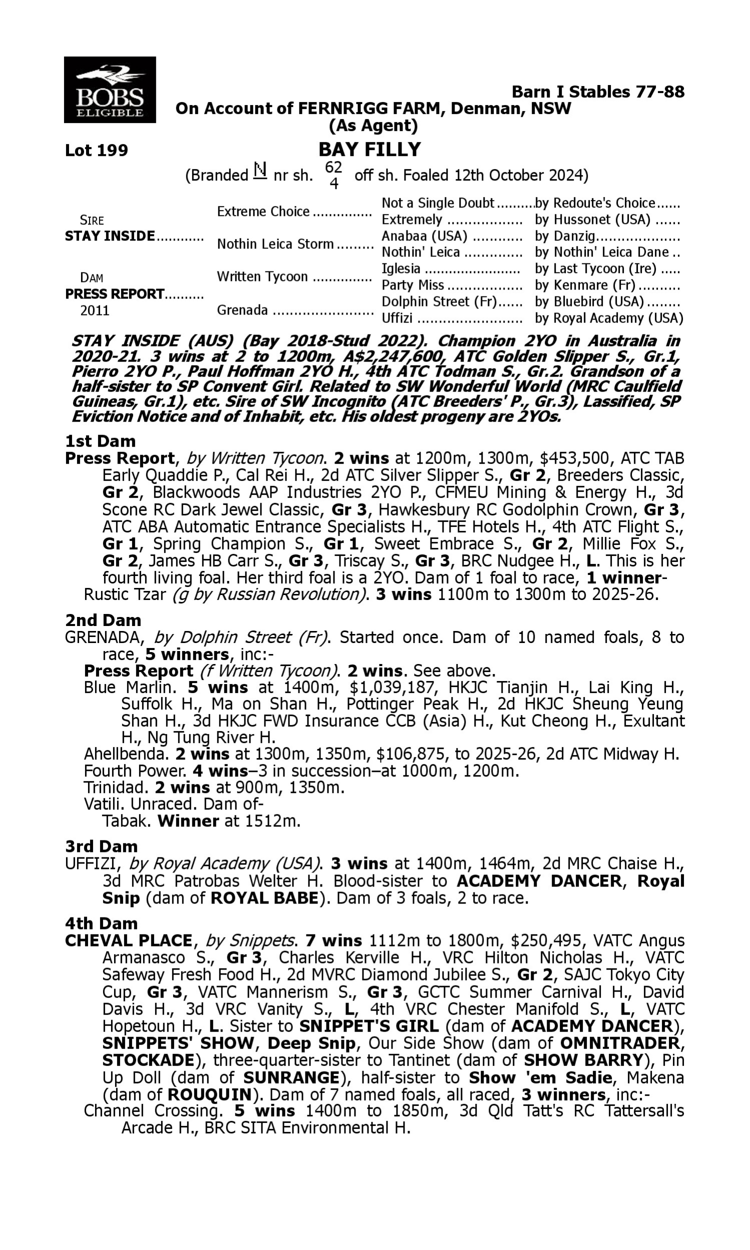 Pedigree for Lot 199 Stay Inside - Press Report